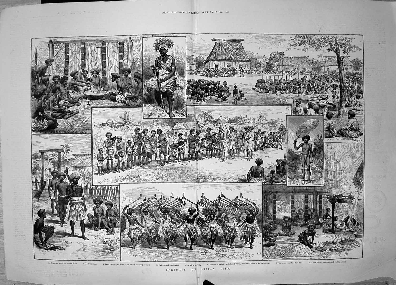 Old 1885 Fijian Life Fiji Islands Native Umbrella War Dance Toka-Toka 19th