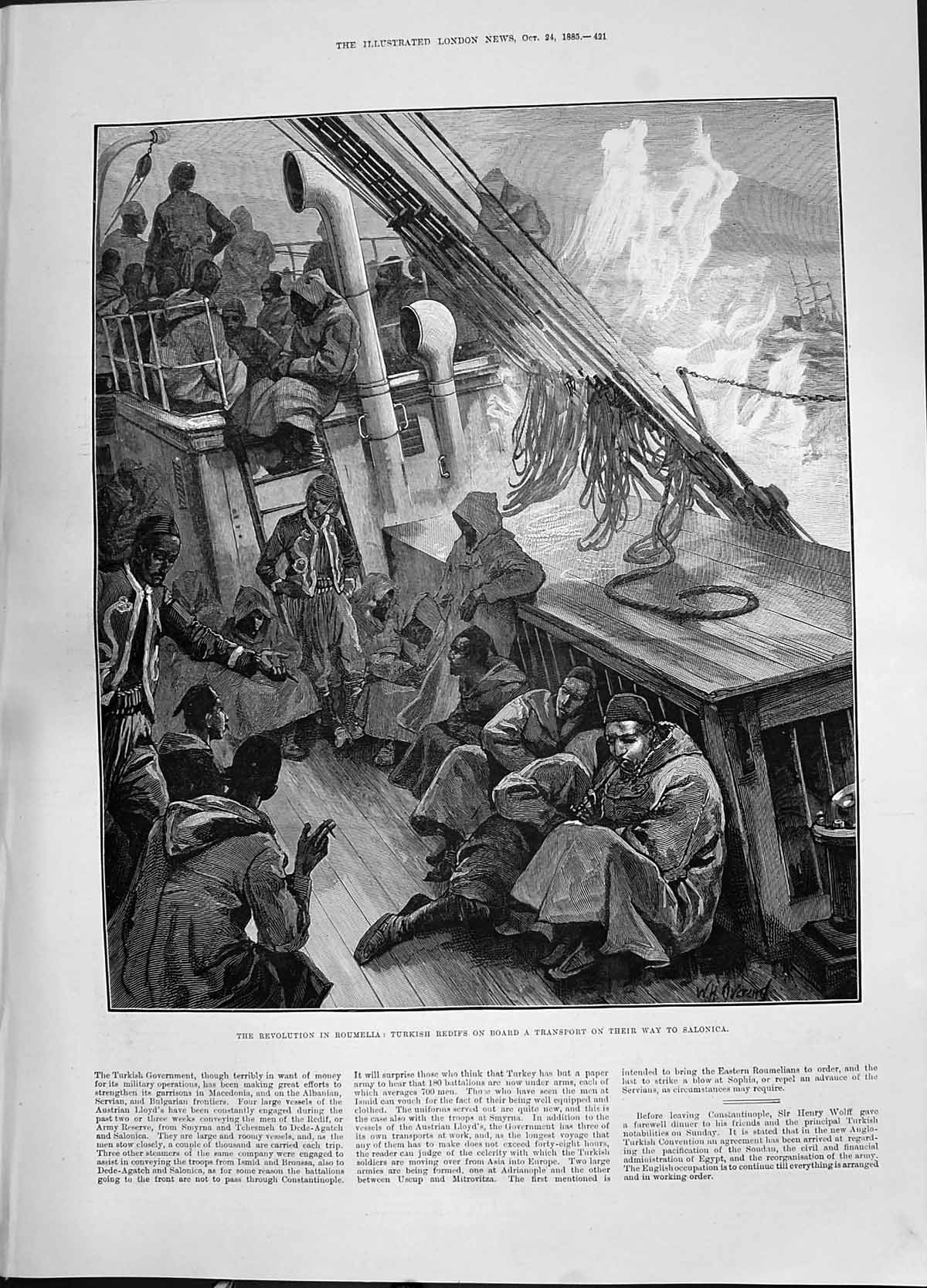 Old Print 1885 Revolution Roumelia Turkish Redifs Transport Ship Salonica 19th