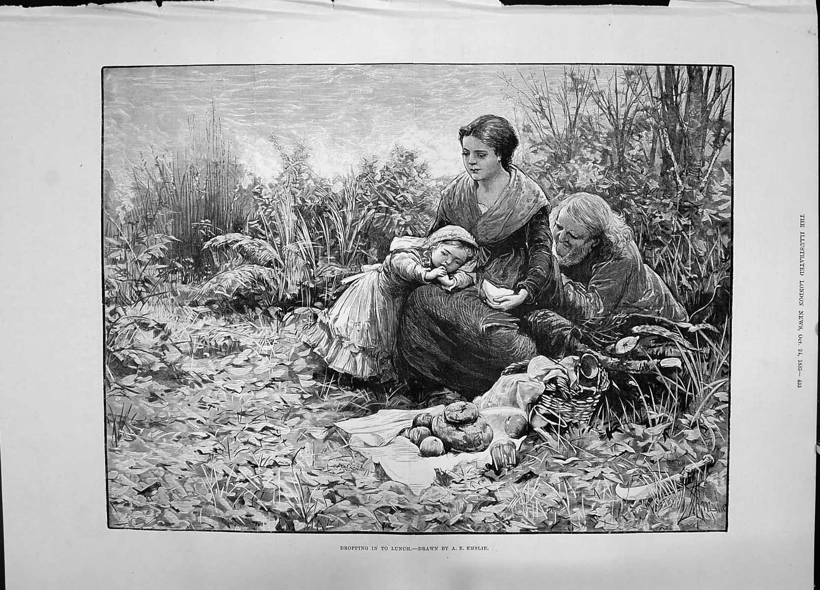 Antique Old Print 1885 Dropping Lunch Family Picnic Bread Coutryside Emslie