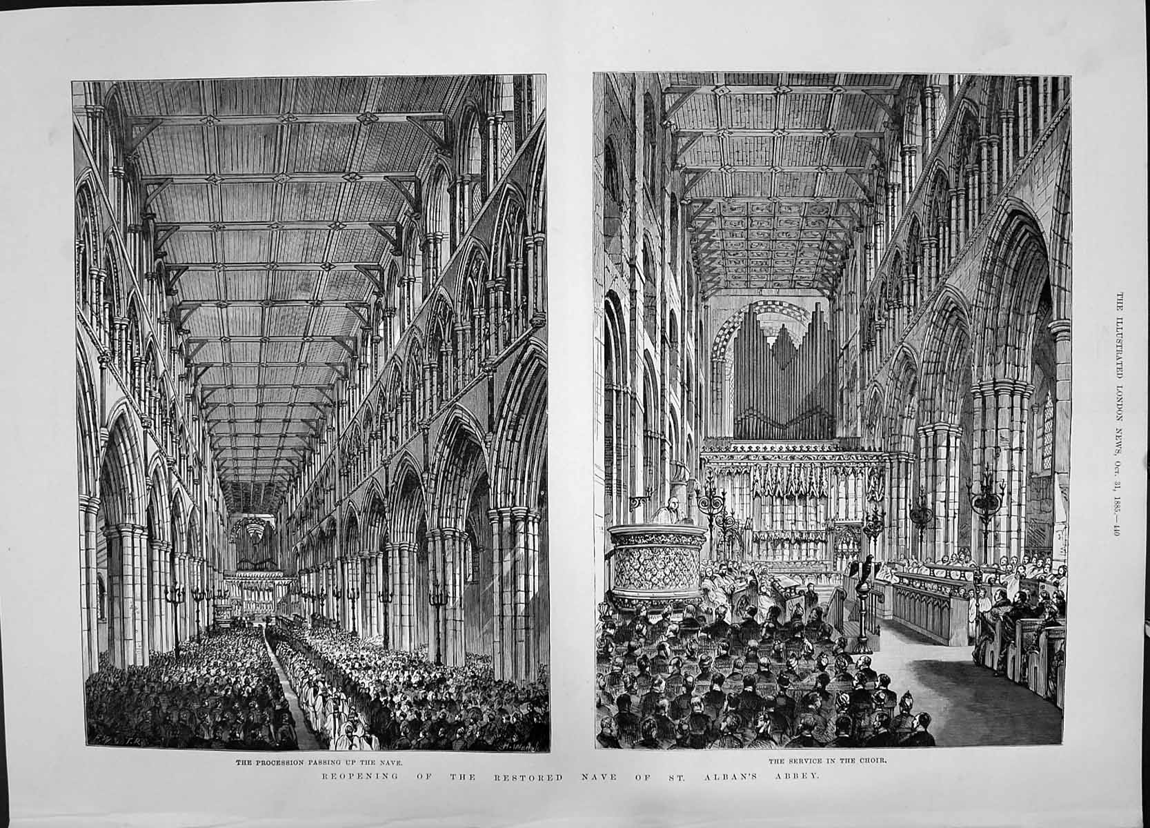 Antique Print 1885 Reopening Restored Nave St. Alban'S Abbey Service Choir 19th