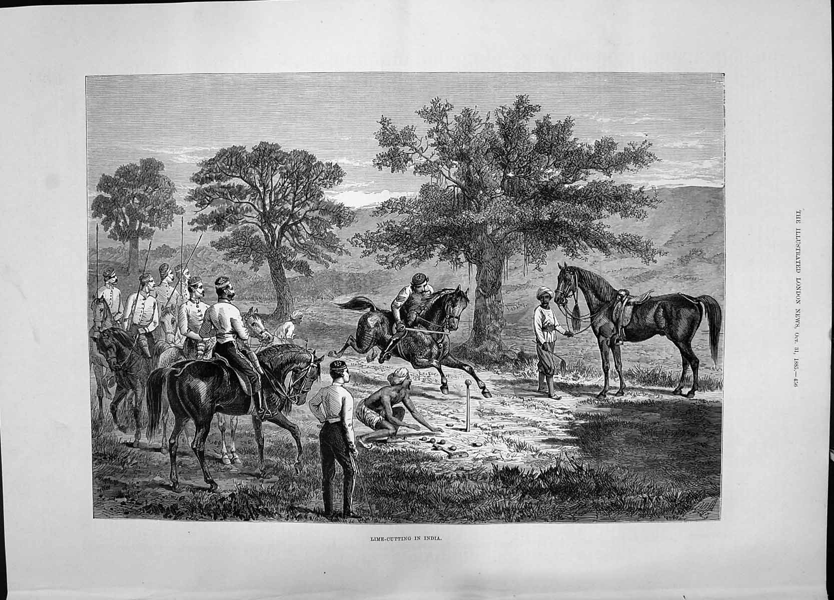 Antique Print 1885 Lime Cutting India Horses Sport War Siers Indian People 19th
