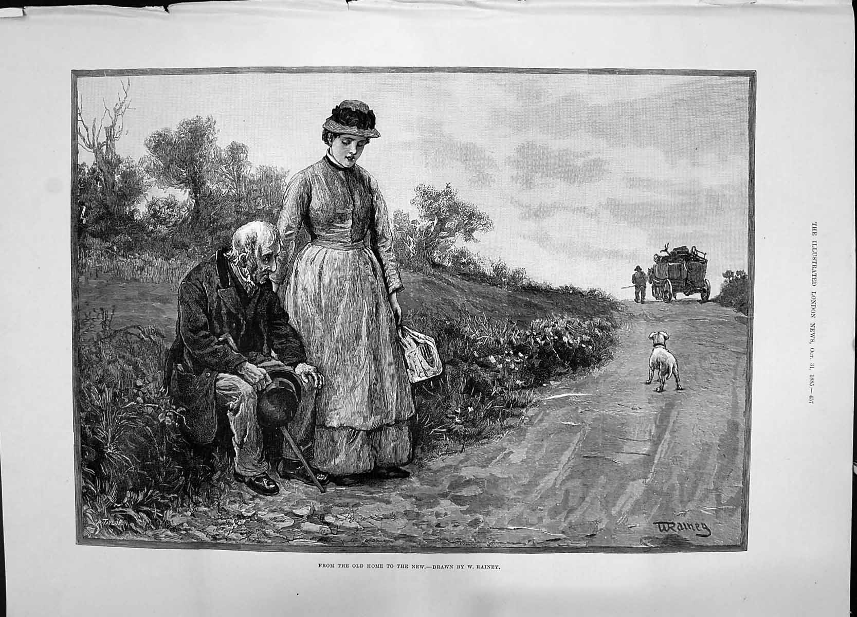 Original Old Antique Print 1885 Home Rainey Man Countryside Transport Cart 19th