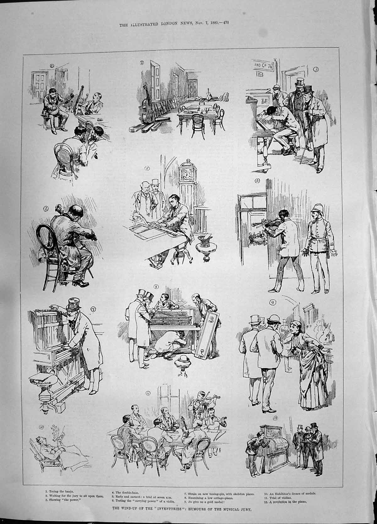 Antique Print 1885 Inventories Humours Musical Jury Banjo Piano Double-Bass