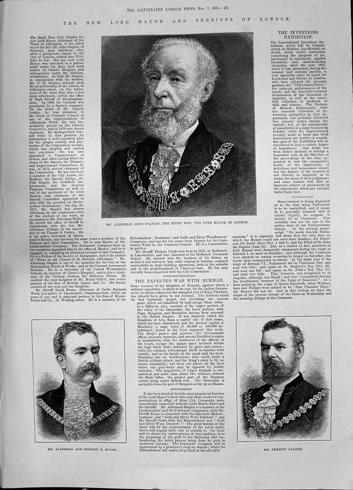 Antique Print 1885 Alderman John Staples Mayor London Sheriff Clarke Evans 19th