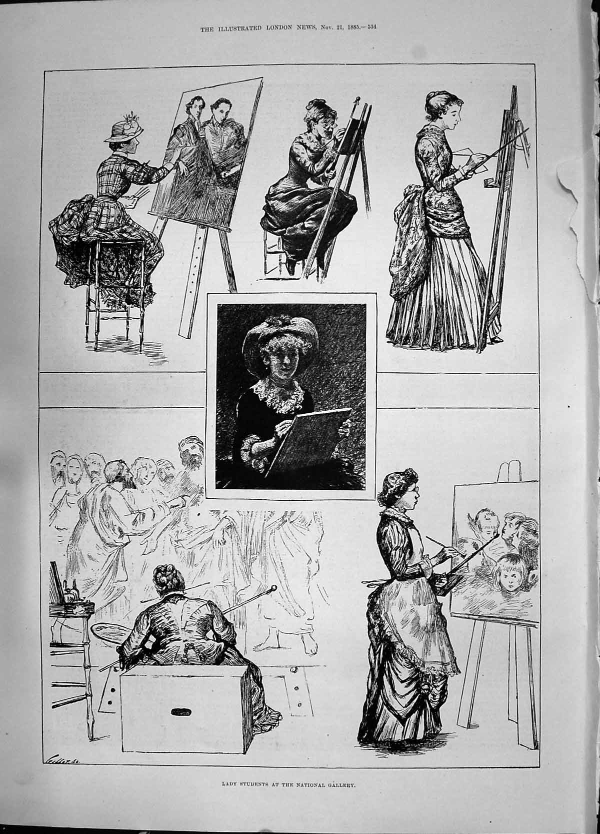 Antique Old Print 1885 Lady Students Art National Gallery Paintings Artists