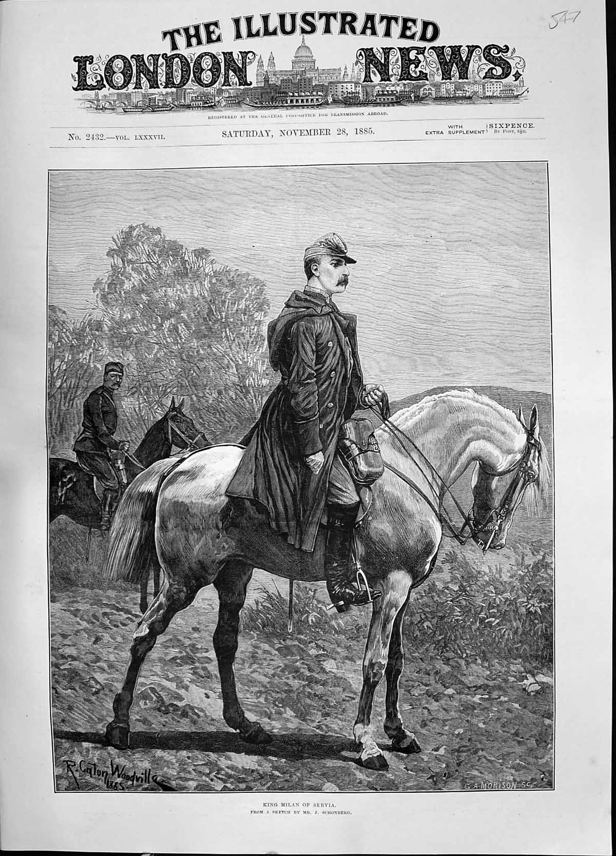 Old Antique Print 1885 Portrait King Milan Servia Horse Canton Woodville 19th