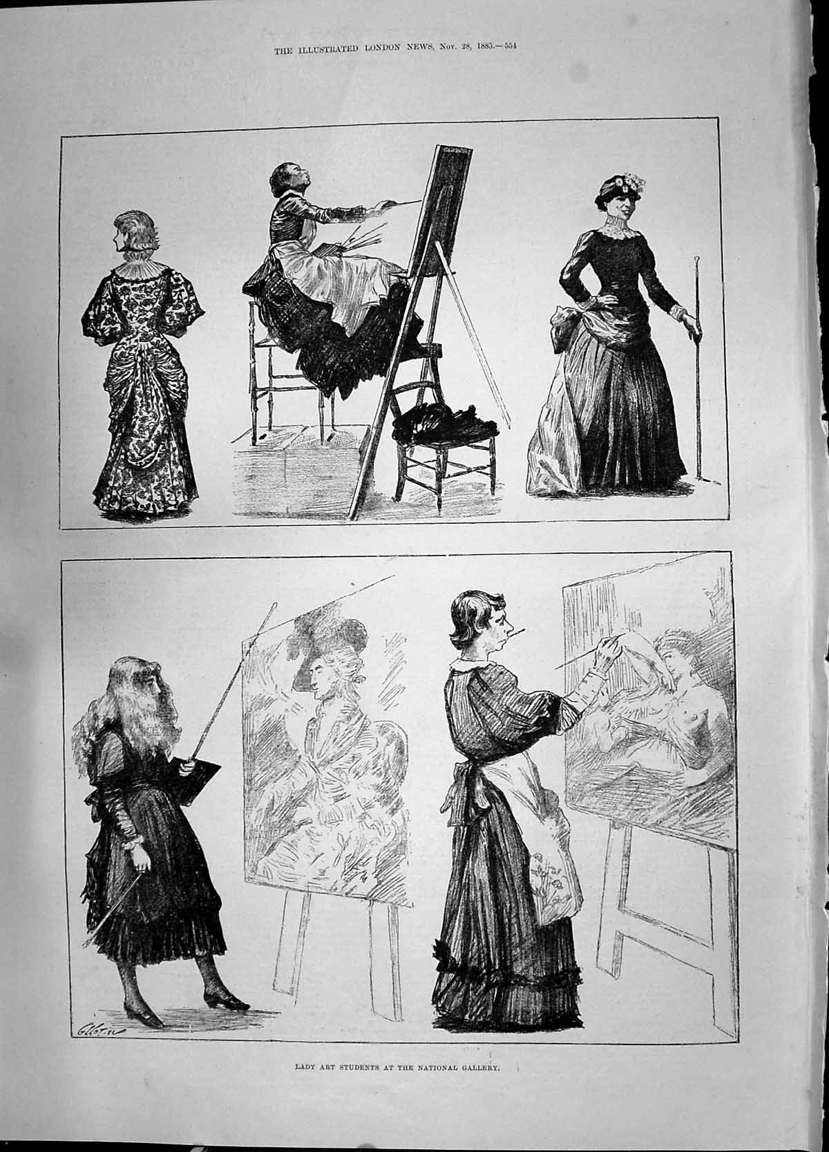 Antique Old Print 1885 Lady Art Students National Gallery Paintings Artists