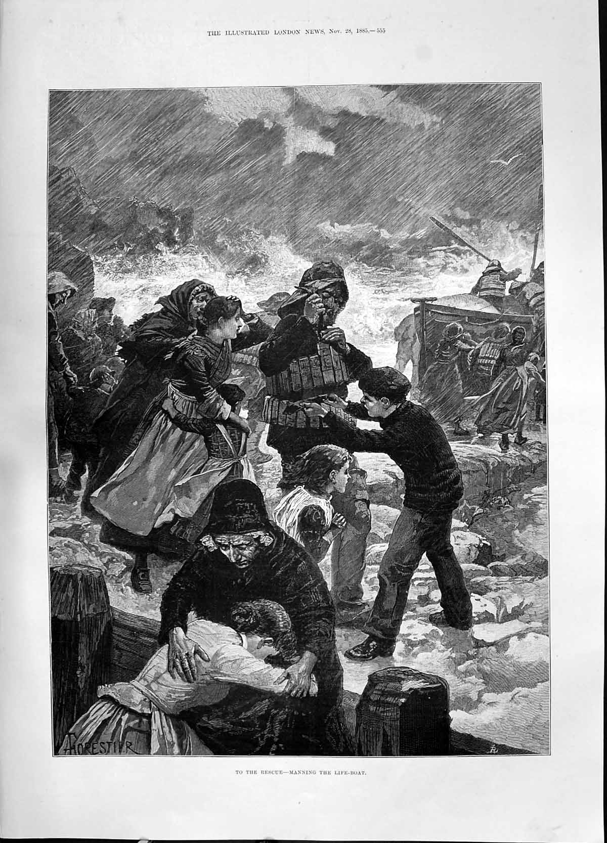 Old 1885 Stormy Sea Rescue Manning Life Boat Ship Children Forestier Victorian