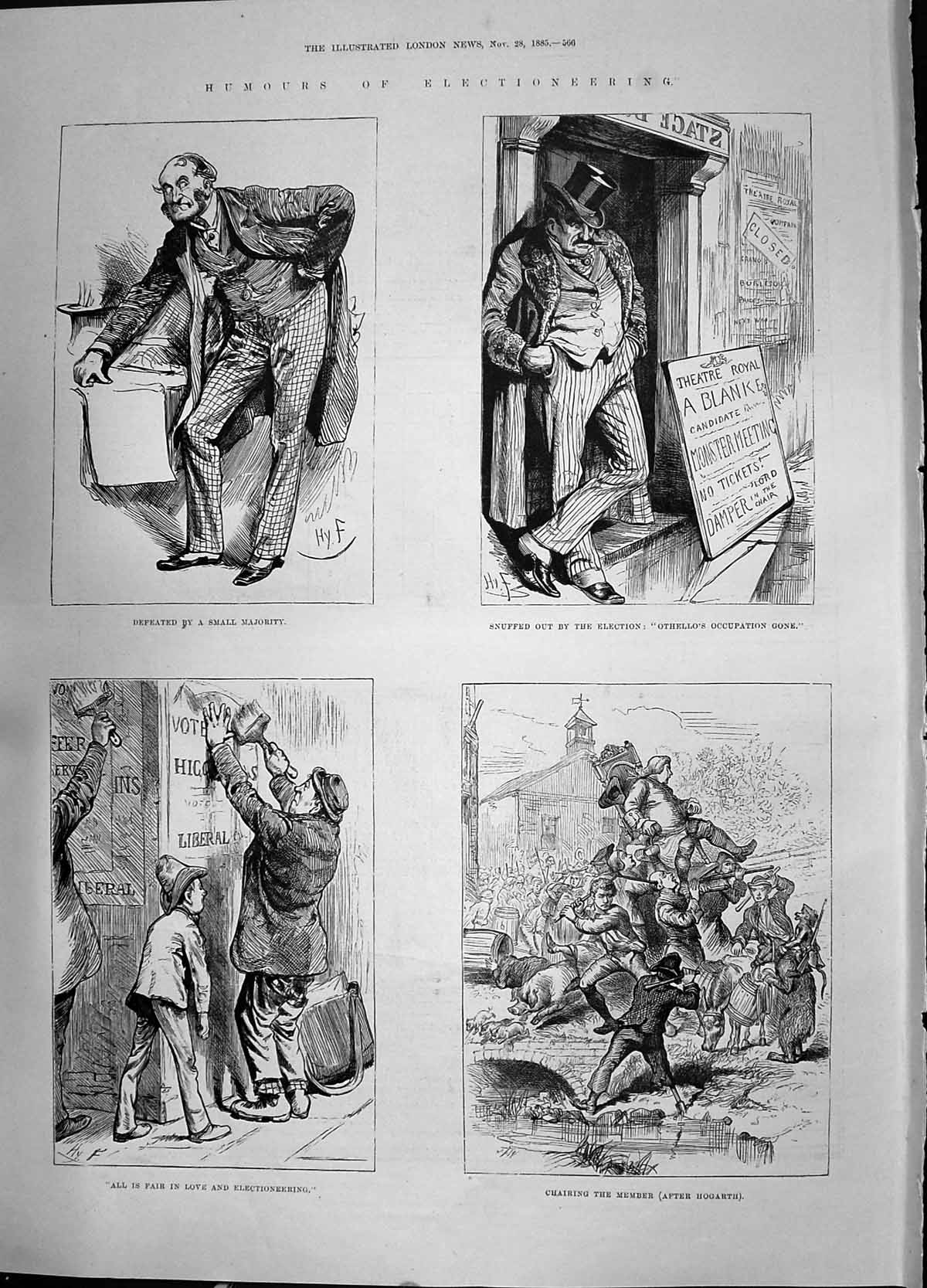 Old Antique Print 1885 Humours Electioneering Theatre Royal Snuffed Out 19th