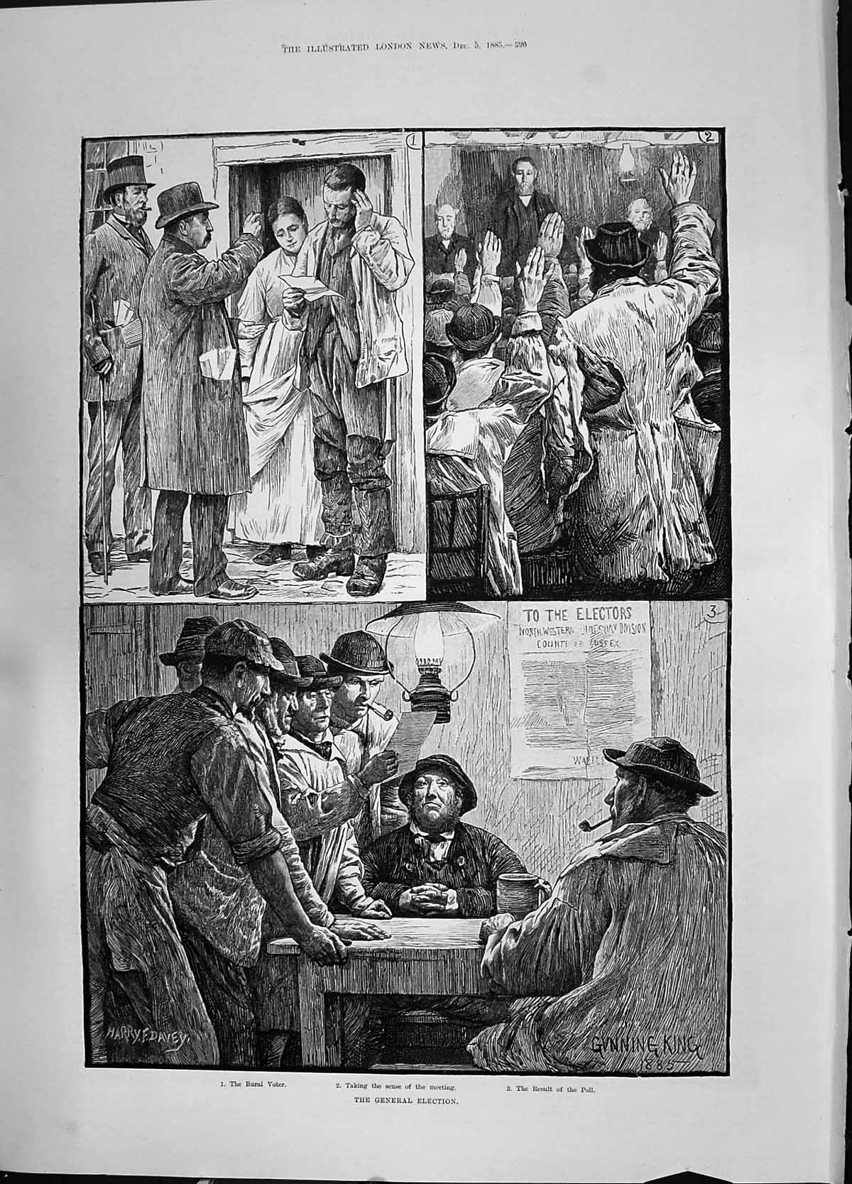 Old Antique Print 1885 General Election Rural Voter Electors Davey King 19th