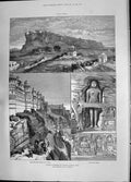 Old Print 1885 War Fortress Gwalior Rock-Cut Jain Figures Rajah Man Sinh 19th