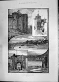 Antique Print 1885 Rye Sussex Landgate Tower Ypres Harbour Church Elizabeth