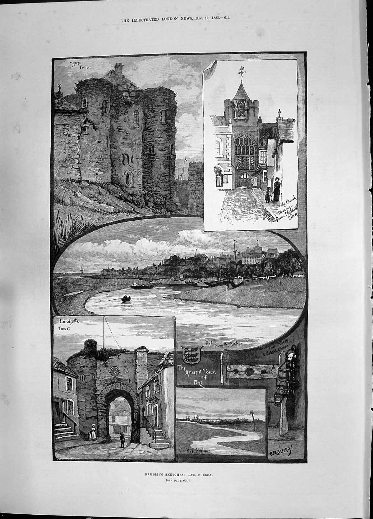 Antique Print 1885 Rye Sussex Landgate Tower Ypres Harbour Church Elizabeth
