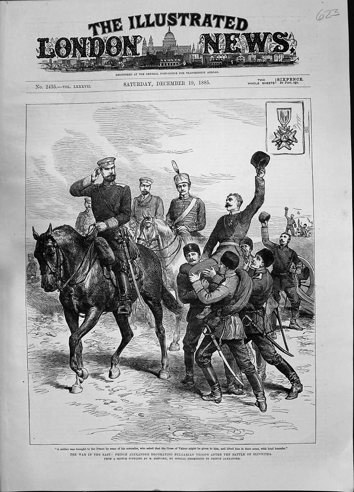 Antique Old Print 1885 War Prince Alexander Bulgarian Siers Battle Slivnitza