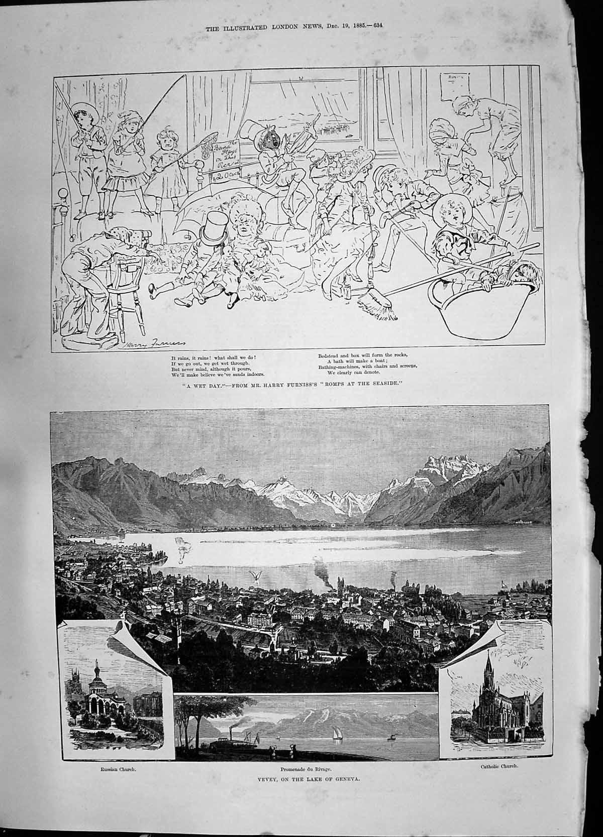 Old Print 1885 Vevey Lake Geneva Catholic Church Russian Wet Day Seaside 19th