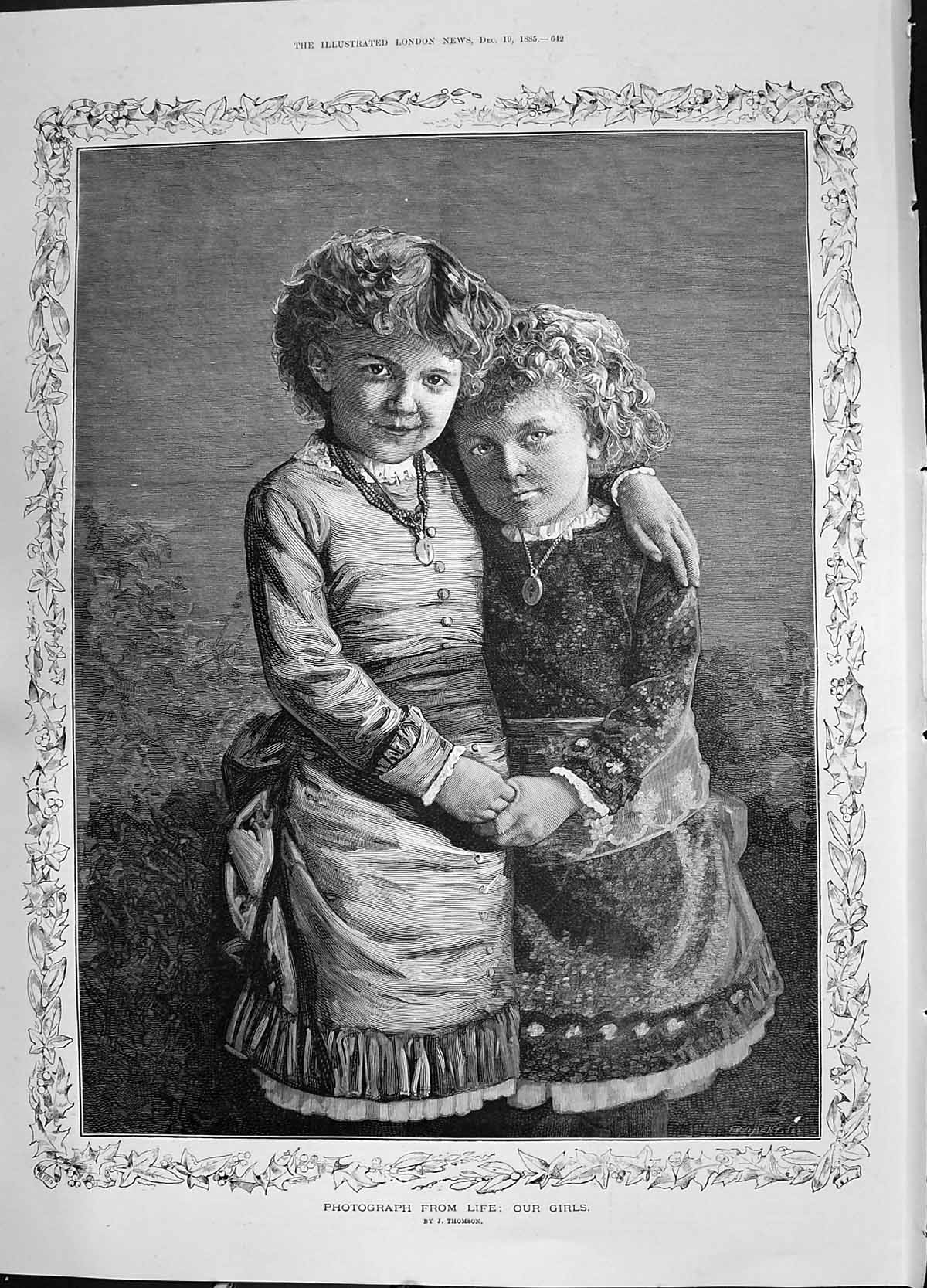 Antique Old Print 1855 Our Girls Portrait Young Children Christmas Thomson 19th