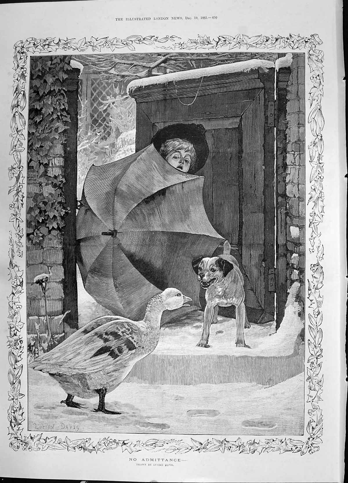 Antique Print 1885 No Admittance Child Umbrella House Gate Dog Goose Davis 19th