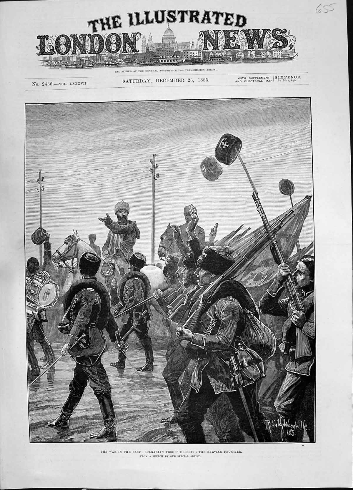 Antique Print 1885 War Bulgarian Siers Crossing Servian Frontier Woodville 19th