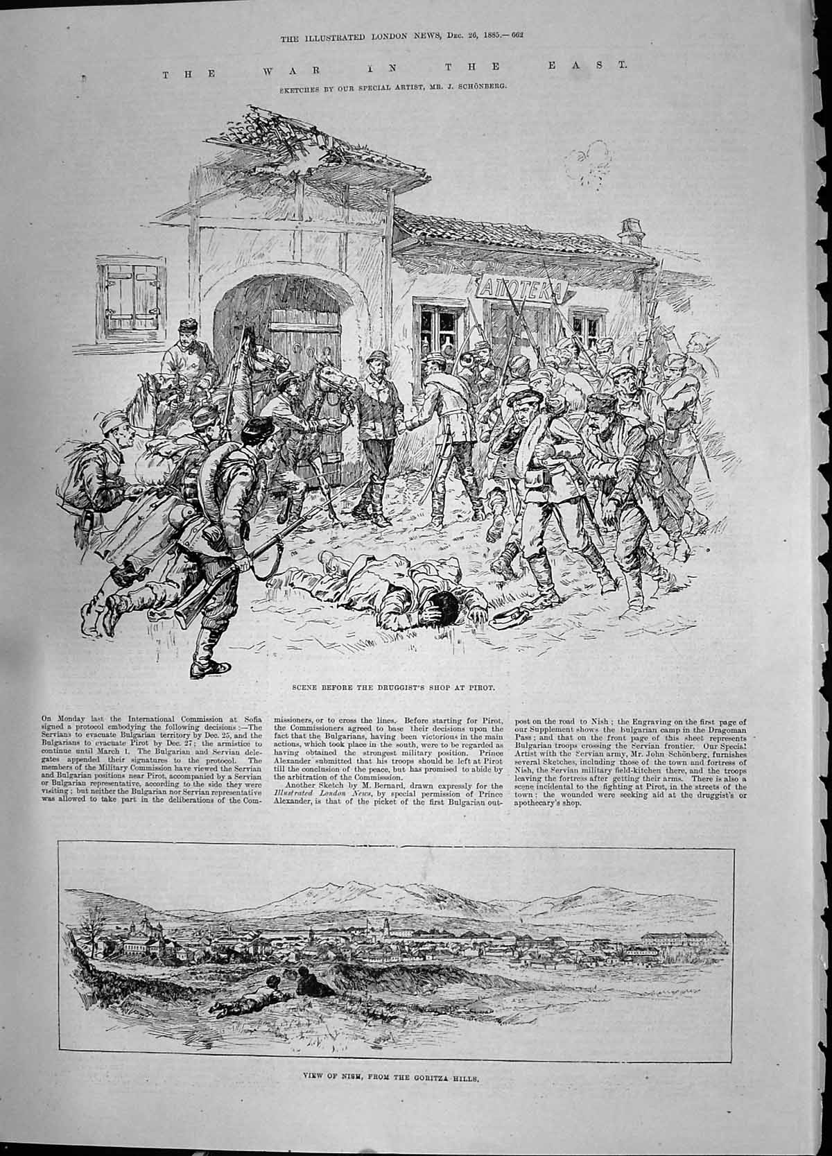 Old Antique Print 1885 War Druggists Shop Pirot View Nish Goritza Hills 19th