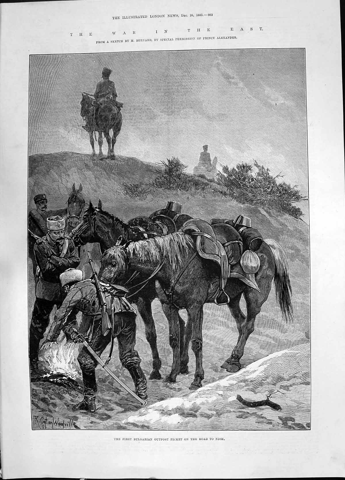 Antique Old Print 1885 Bulgarian Outpost Picket Road Nish War Siers Horses 19th