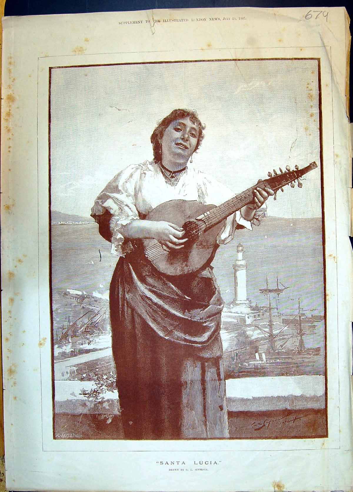 Old Antique Print Seymour 1883 Portrait Santa Lucia Music Beautiful Lady 19th