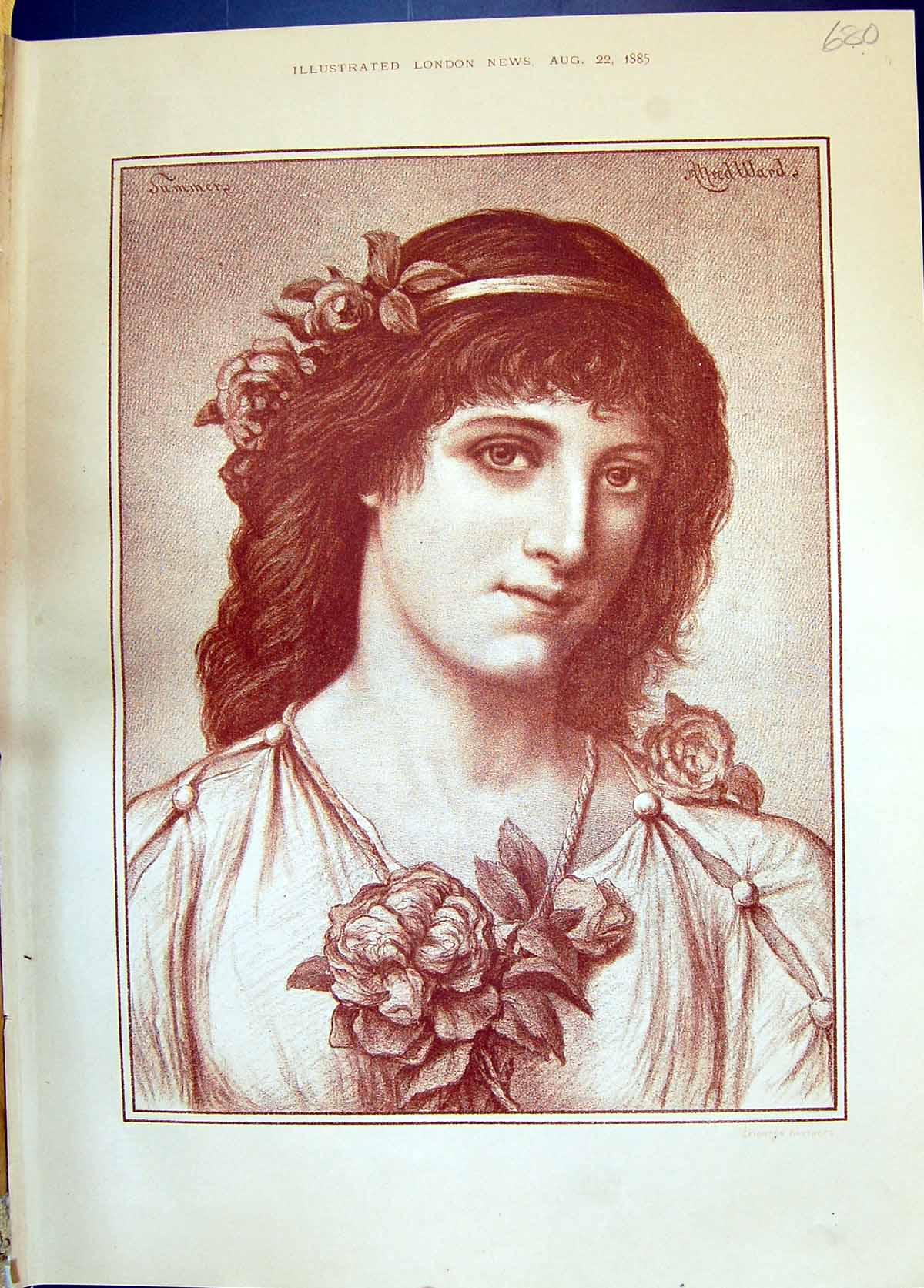 Original Old Antique Print 1885 Portrait Beautiful Woman Flower Necklace Ward