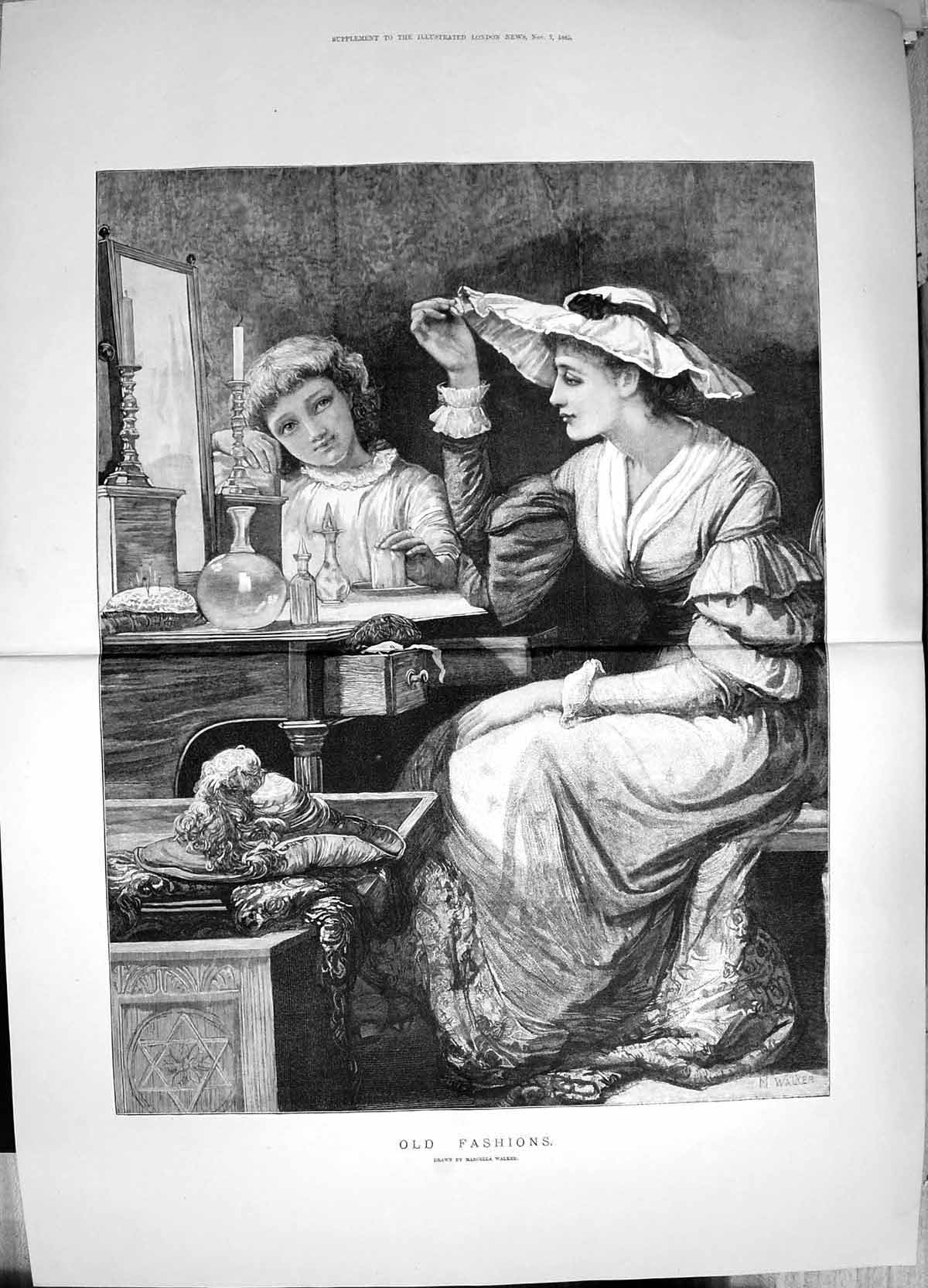 Old Antique Print 1885 Fashions Young Woman Girl Candle Marcella Walker 19th