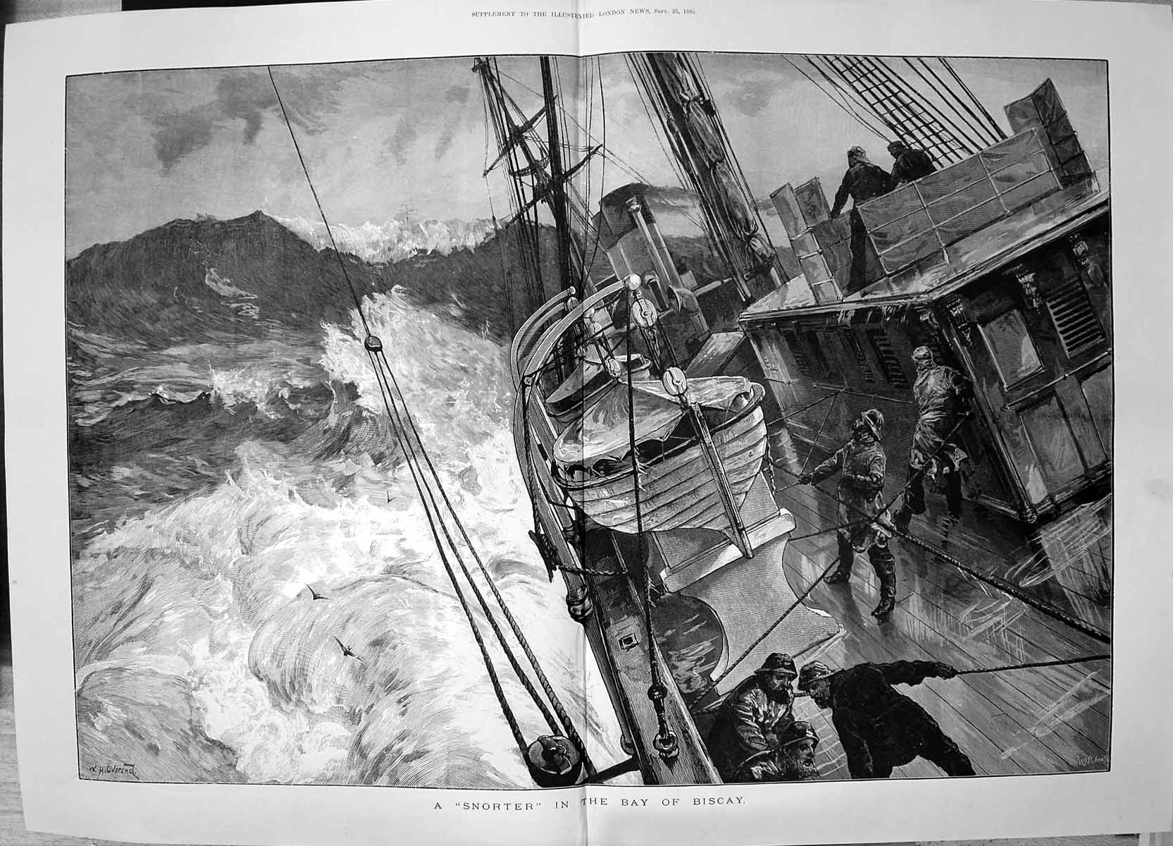 Antique Old Print 1885 Snorter Bay Biscay Fishing Boat Stormy Sea Overend 19th