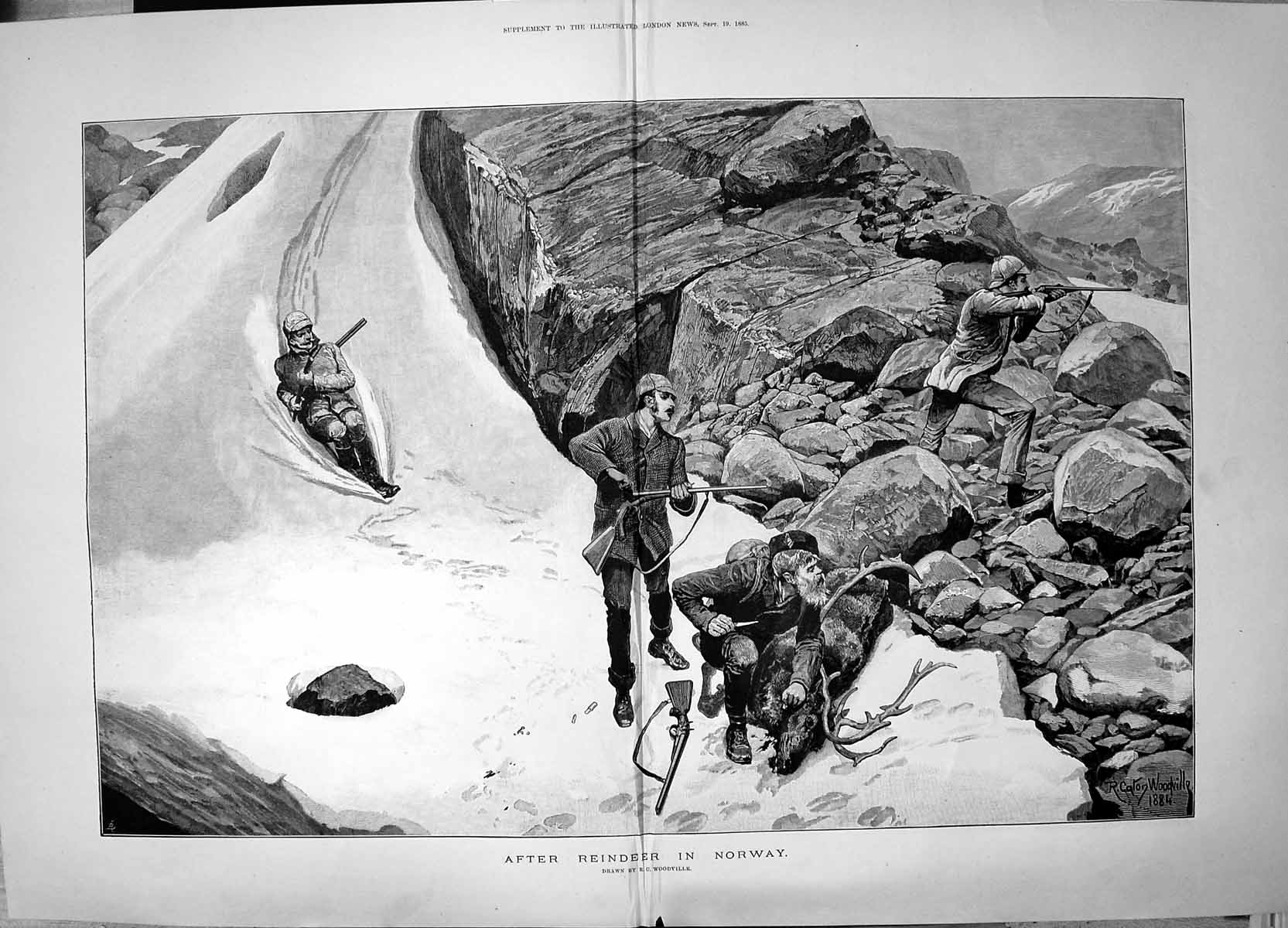 Antique Old Print 1885 Reindeer Hunting Shooting Mountains Snow Woodville 19th