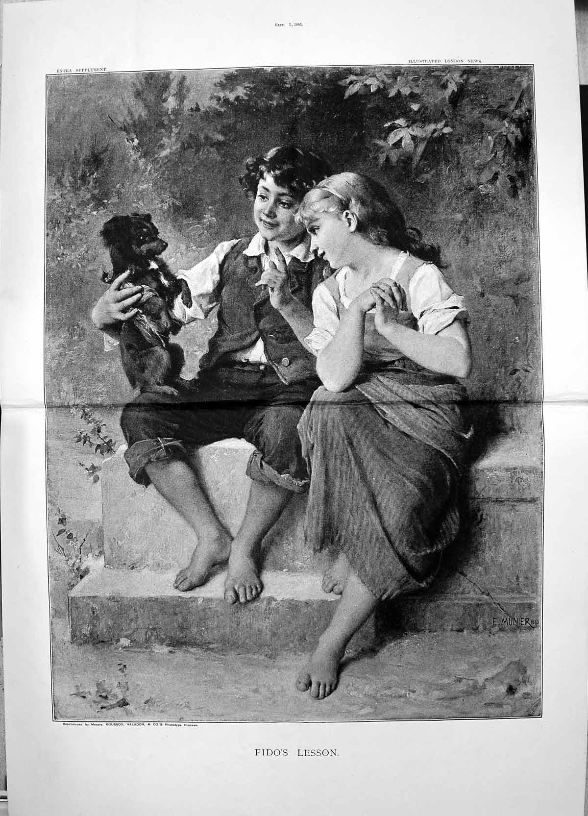 Old Antique Print 1885 Fido'S Lesson Children Puppy Dog Munier Valadon 19th