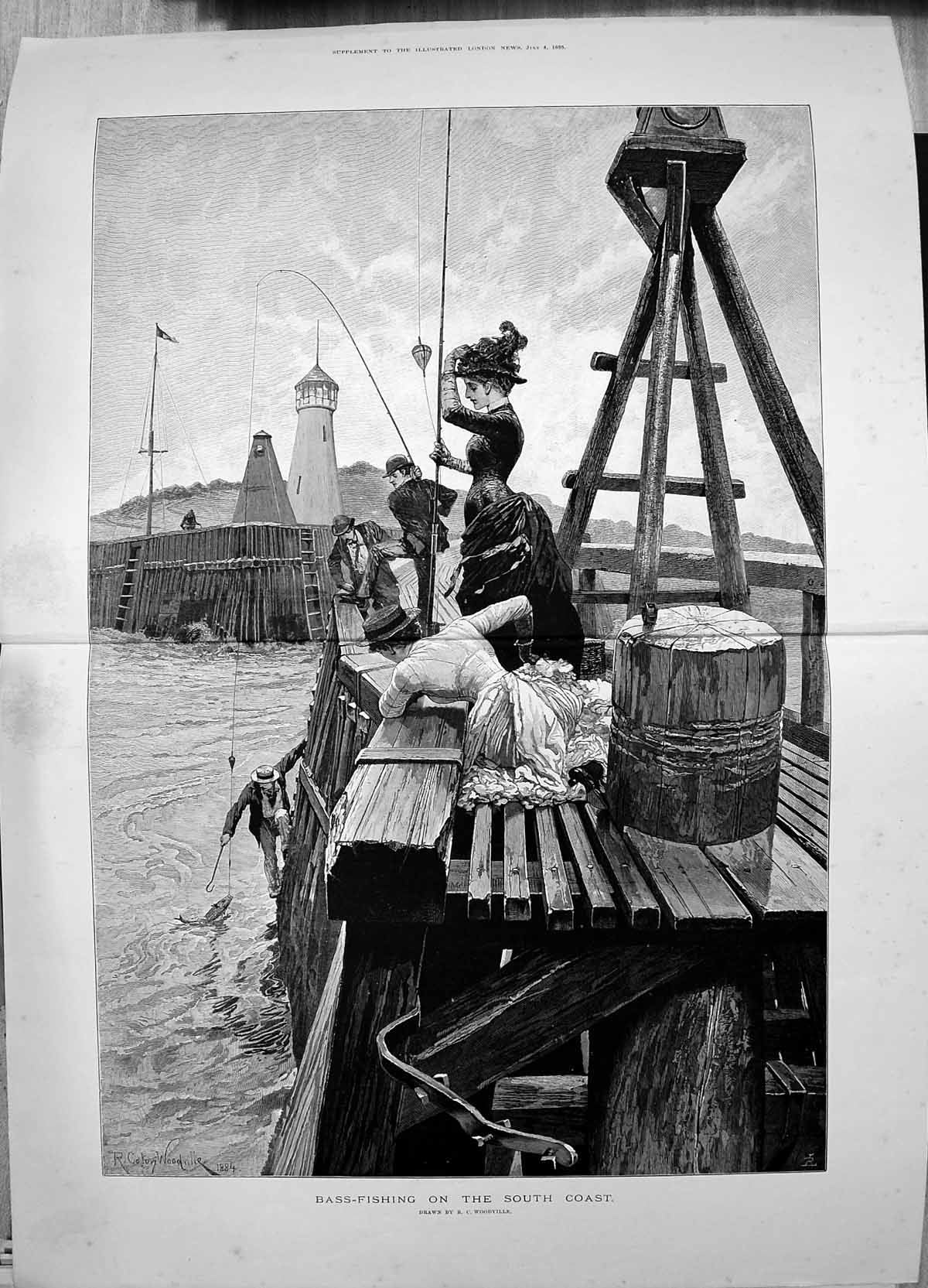 Antique Print 1885 Bass Fishing Angling South Coast England Pier Woodville
