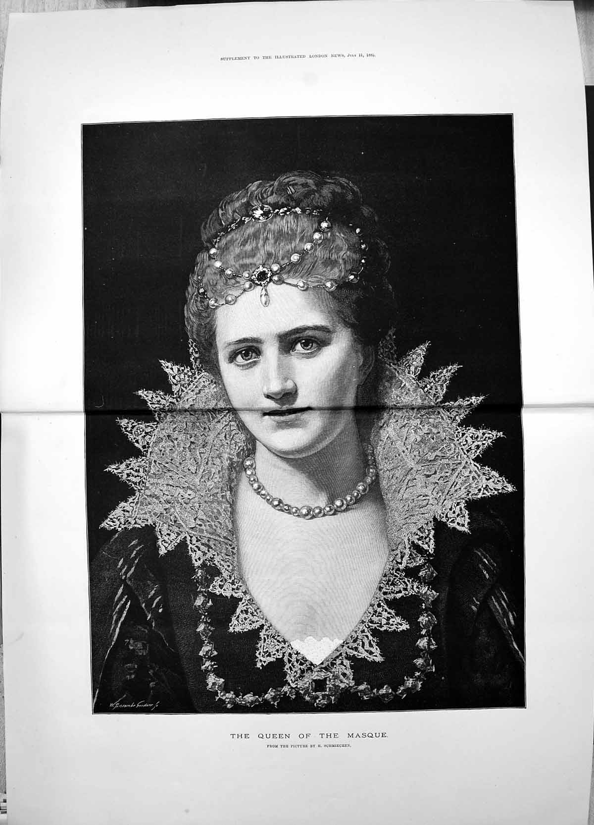 Original Old Antique Print 1885 Portrait Beautiful Queen Masque Schmiechen