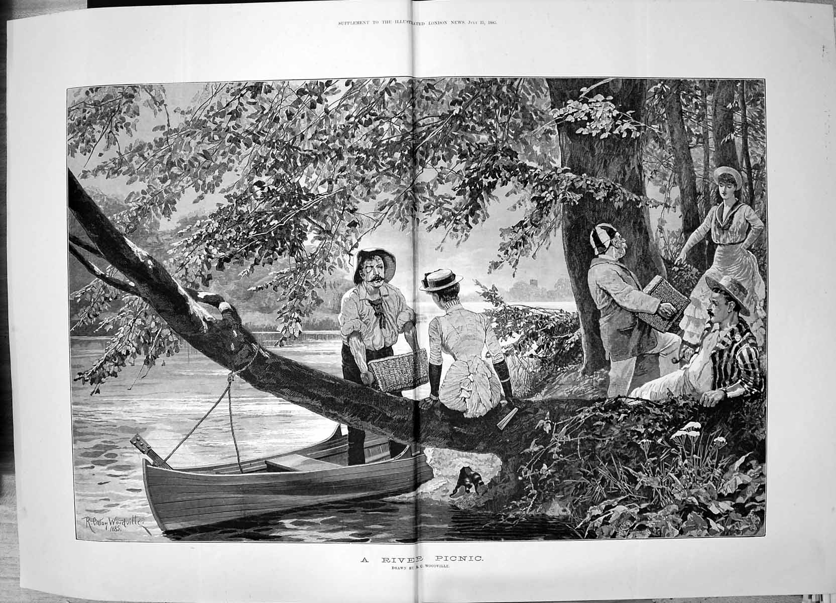 Old Antique Print 1885 River Picnic Romance Boat Trees Nature Woodville 19th