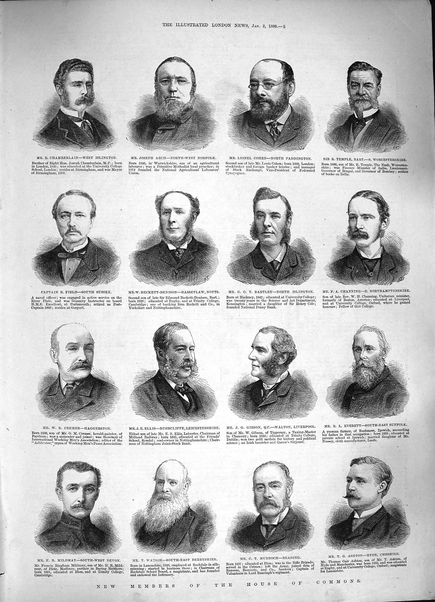 Original Old Antique Print 1886 House Commons Arch Field Ellis Watson Bartley