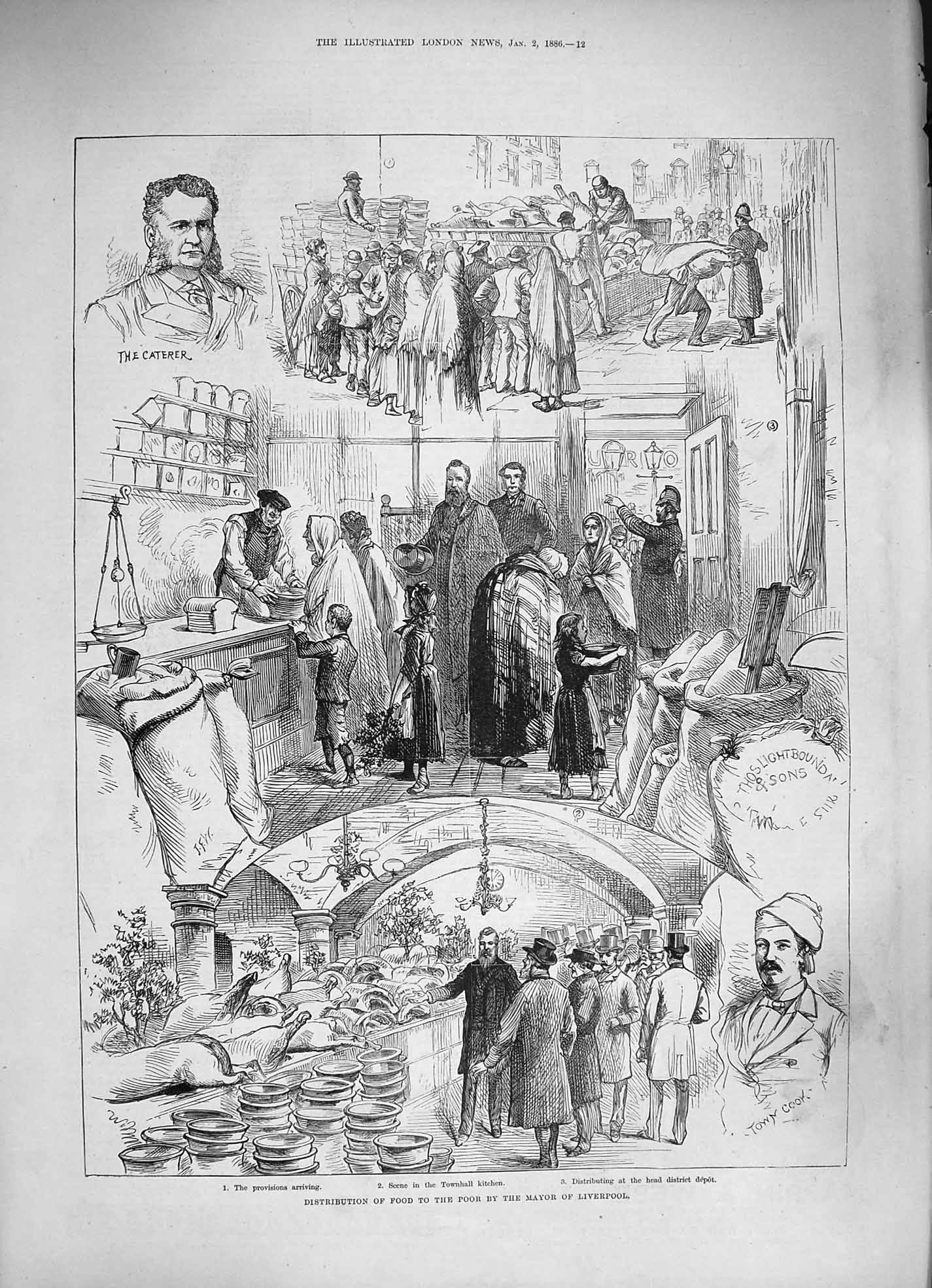 Original Old Antique Print 1886 Distribution Food Poor People Mayor Liverpool