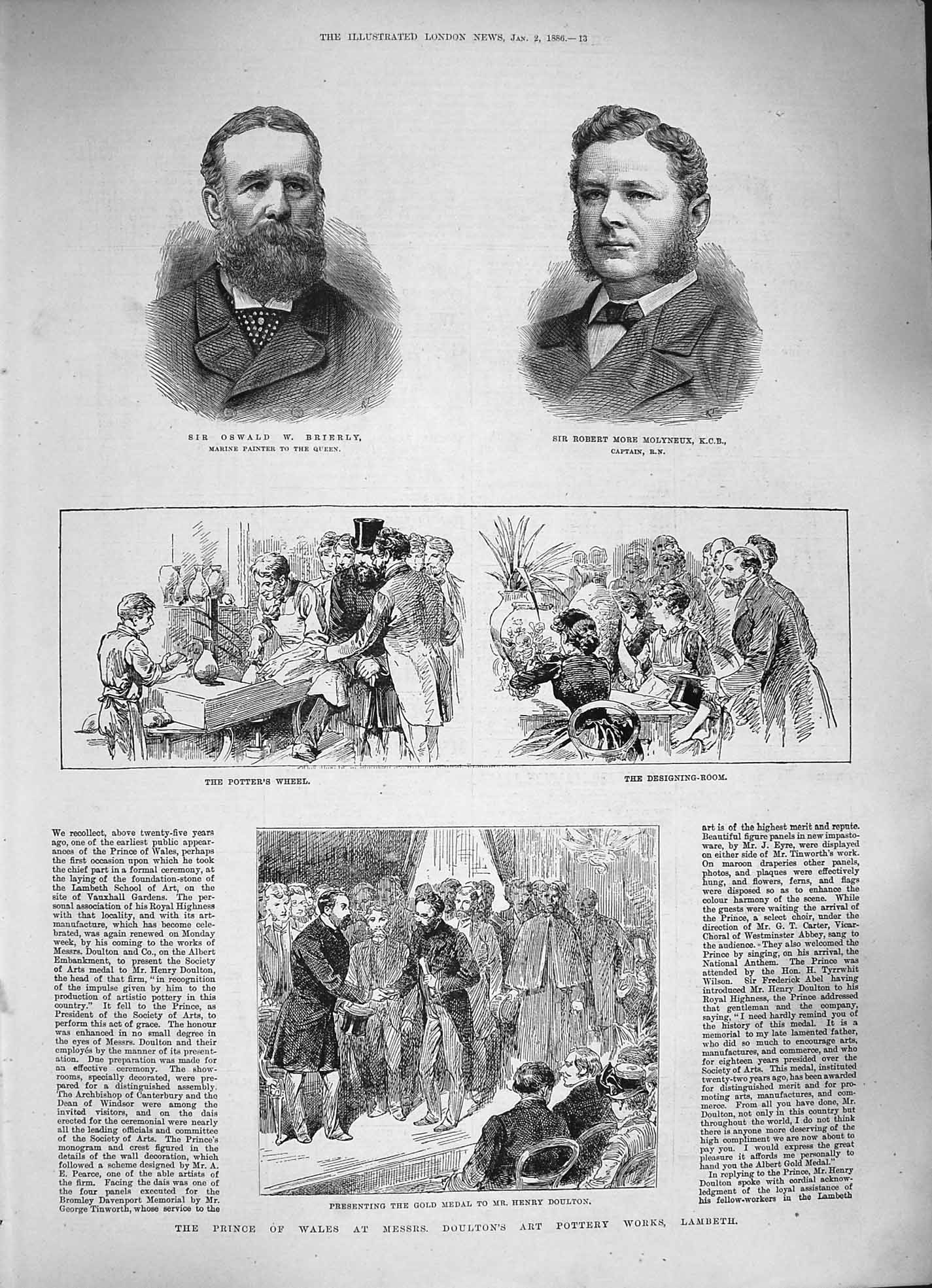 Original Old Antique Print 1886 Prince Wales Doulton Lambeth Brierly Molyneux