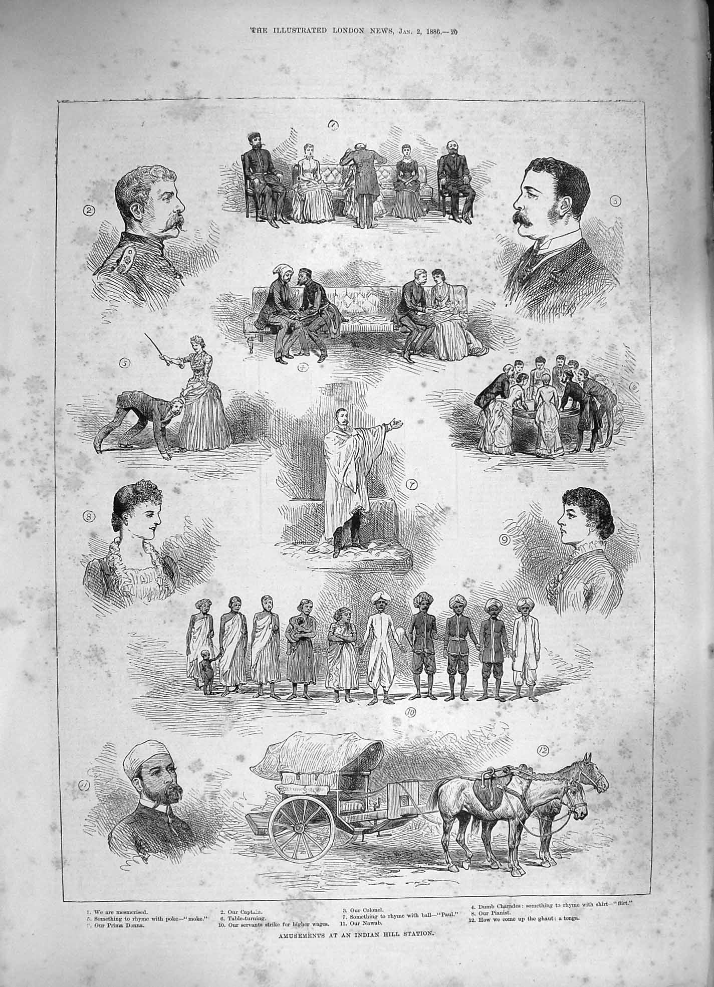 Old Antique Print 1886 Amusements Indian Hill Station Nawab Horse Tonga 19th