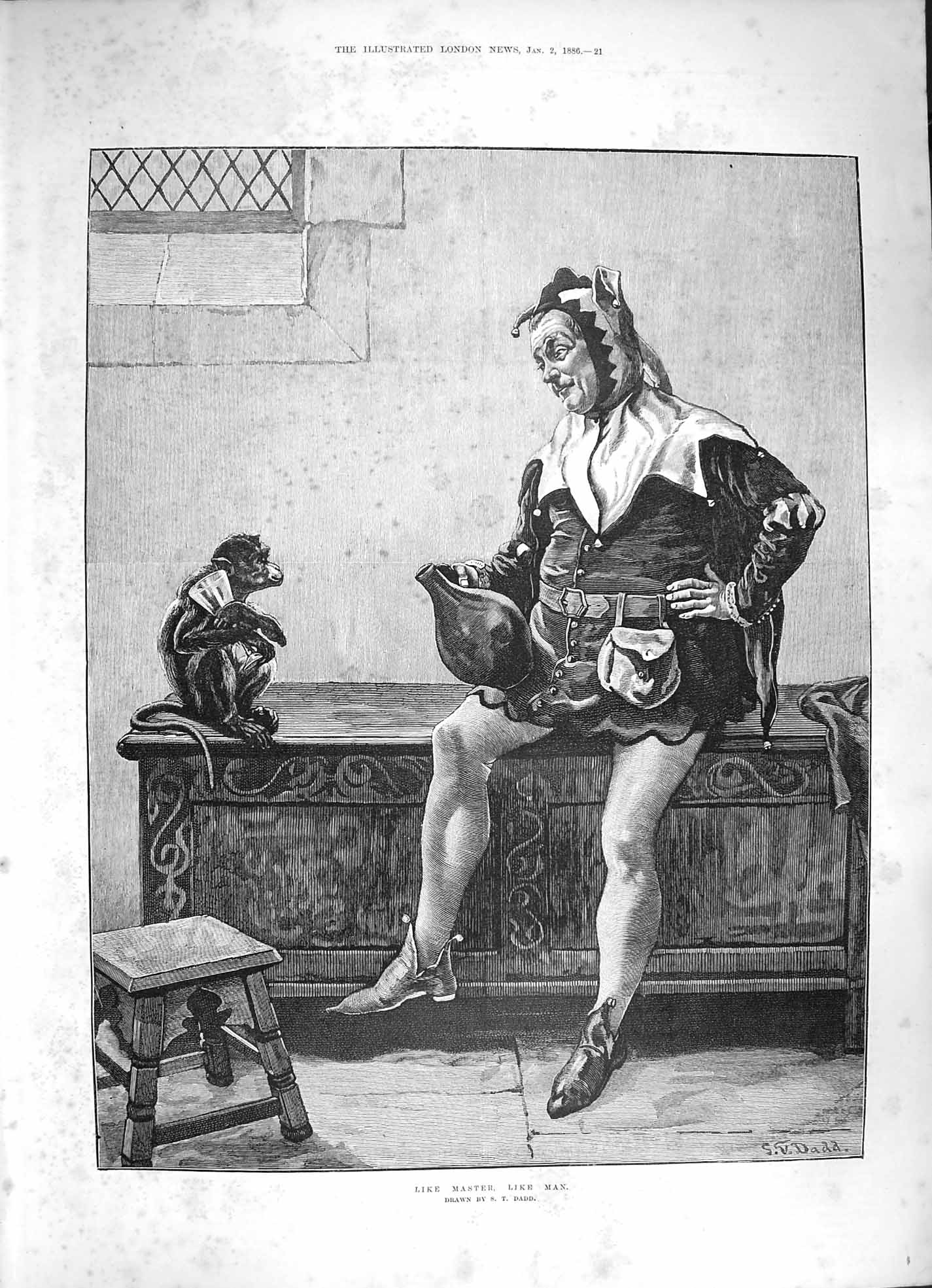 Original Old Antique Print 1886 Like Master Man Jester Costume Monkey Fine Art