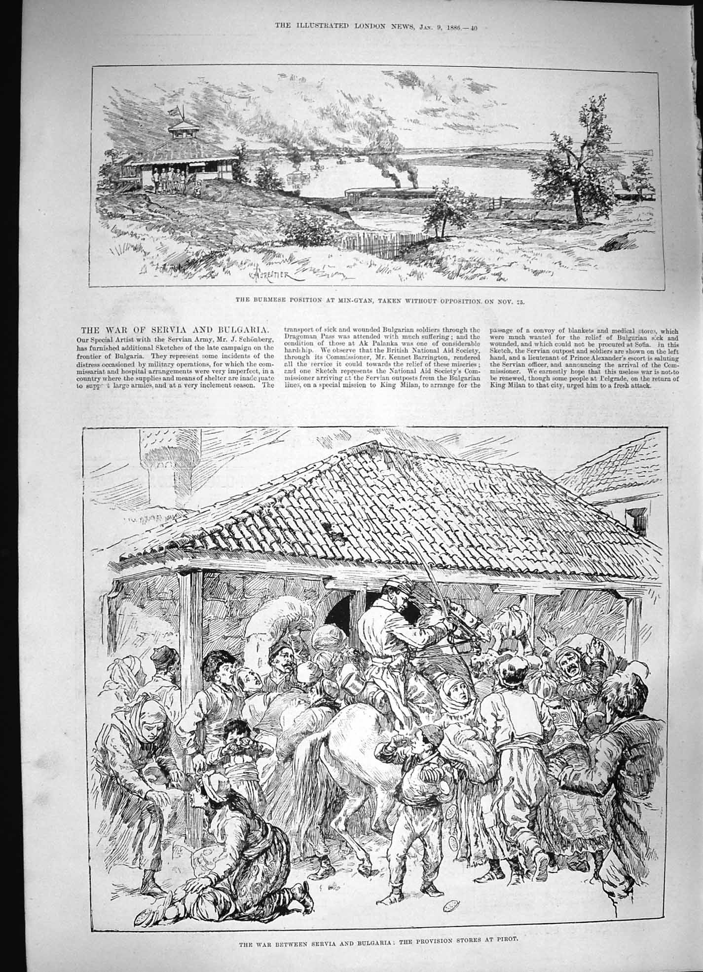 Old Antique Print 1886 War Servia Bulgaria Stores Pirot Min-Gyan Burmese 19th