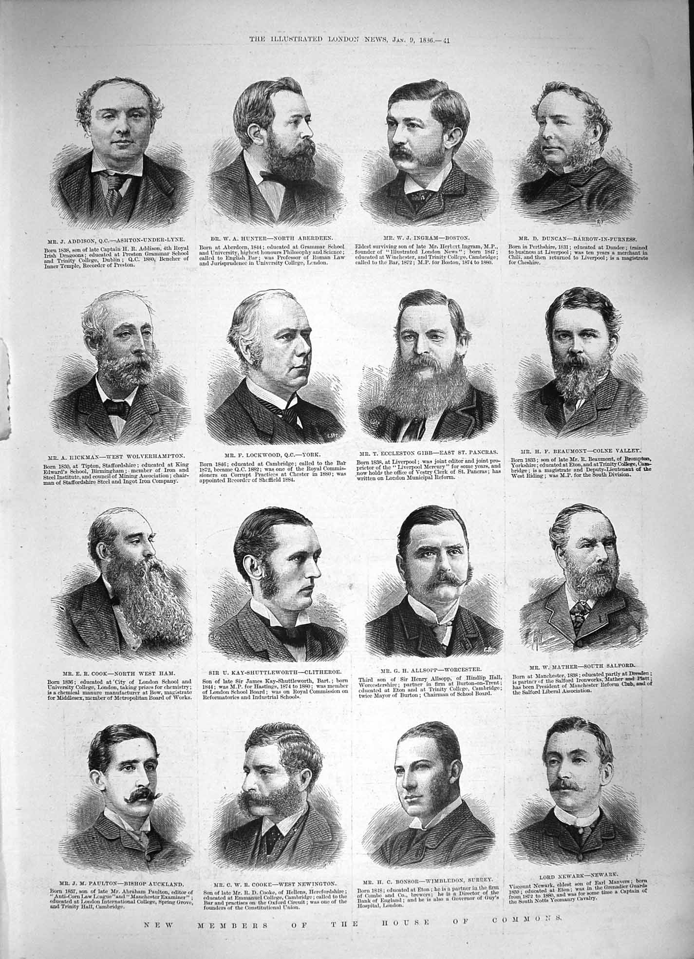 Old Antique Print 1886 House Commons Lockwood Cooke Paulton Gibb Newark 19th