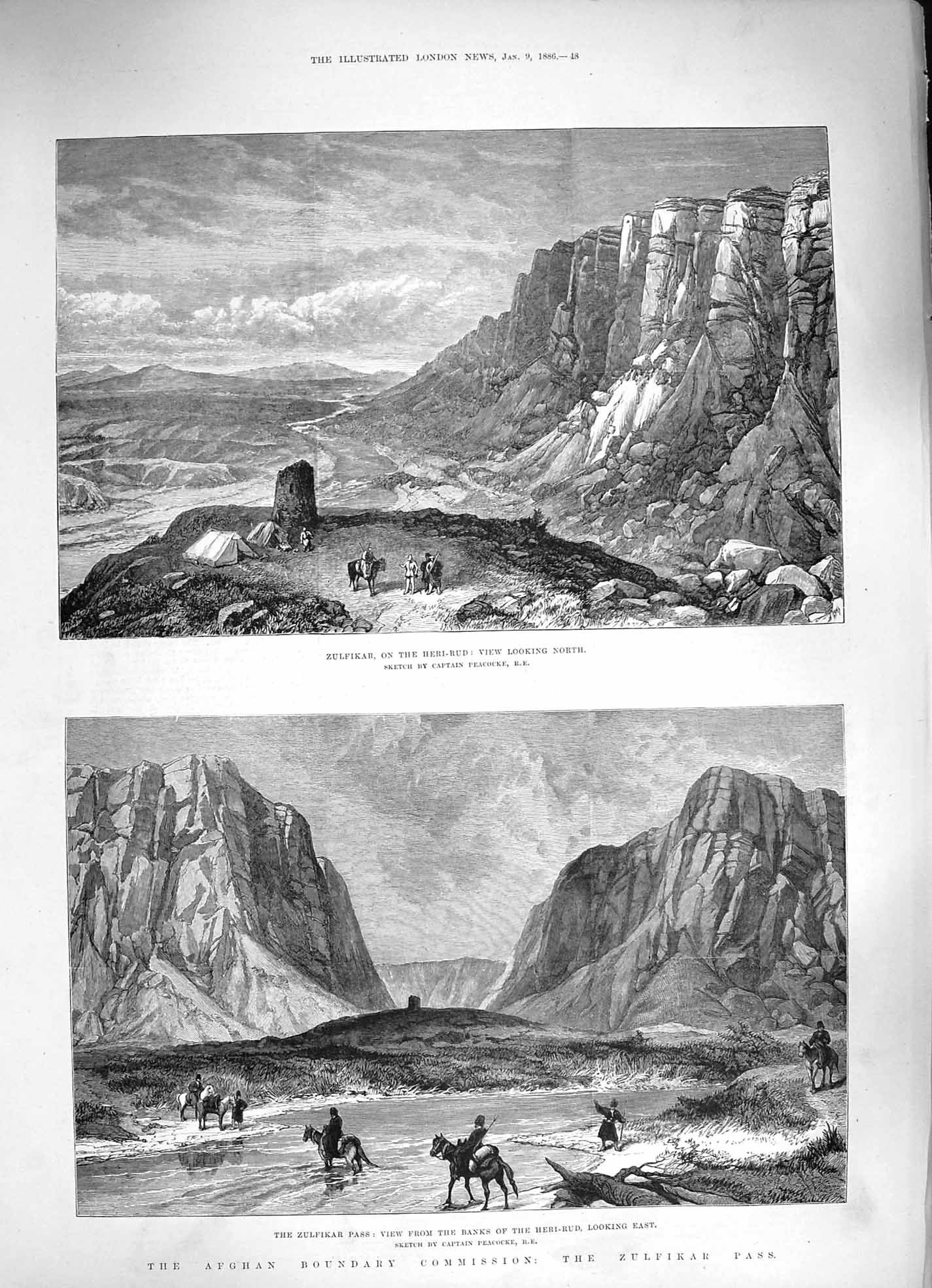 Original Old Antique Print 1886 Afghan Zulkikar Pass Heri-Rud Captain Peacocke