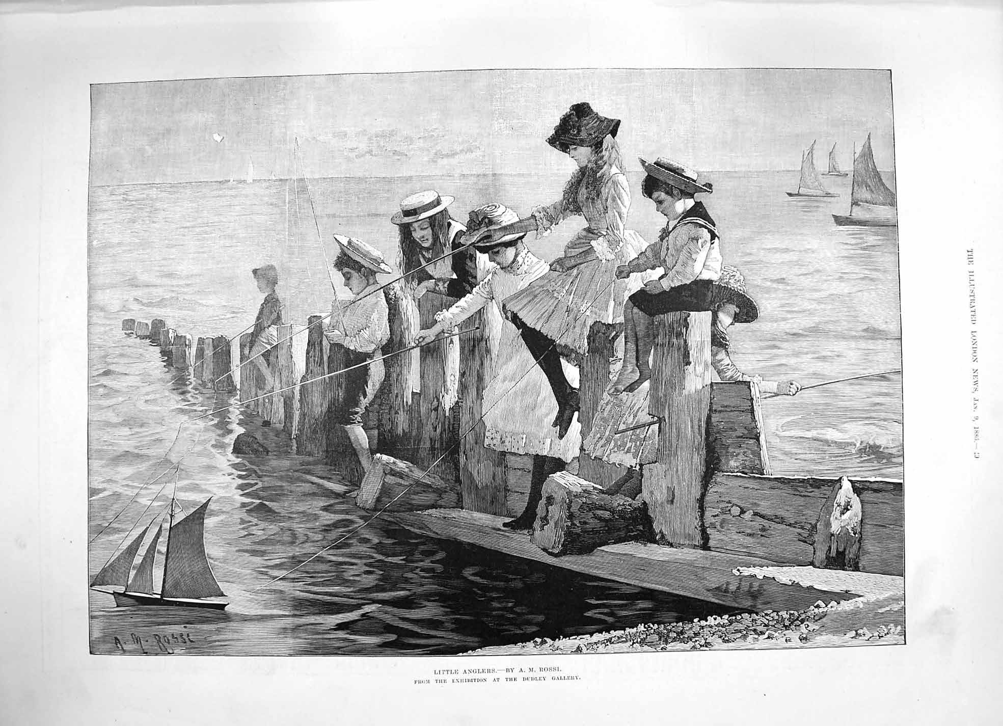 Old Antique Print 1886 Little Anglers Children Fishing Sea Boat Fine Art 19th
