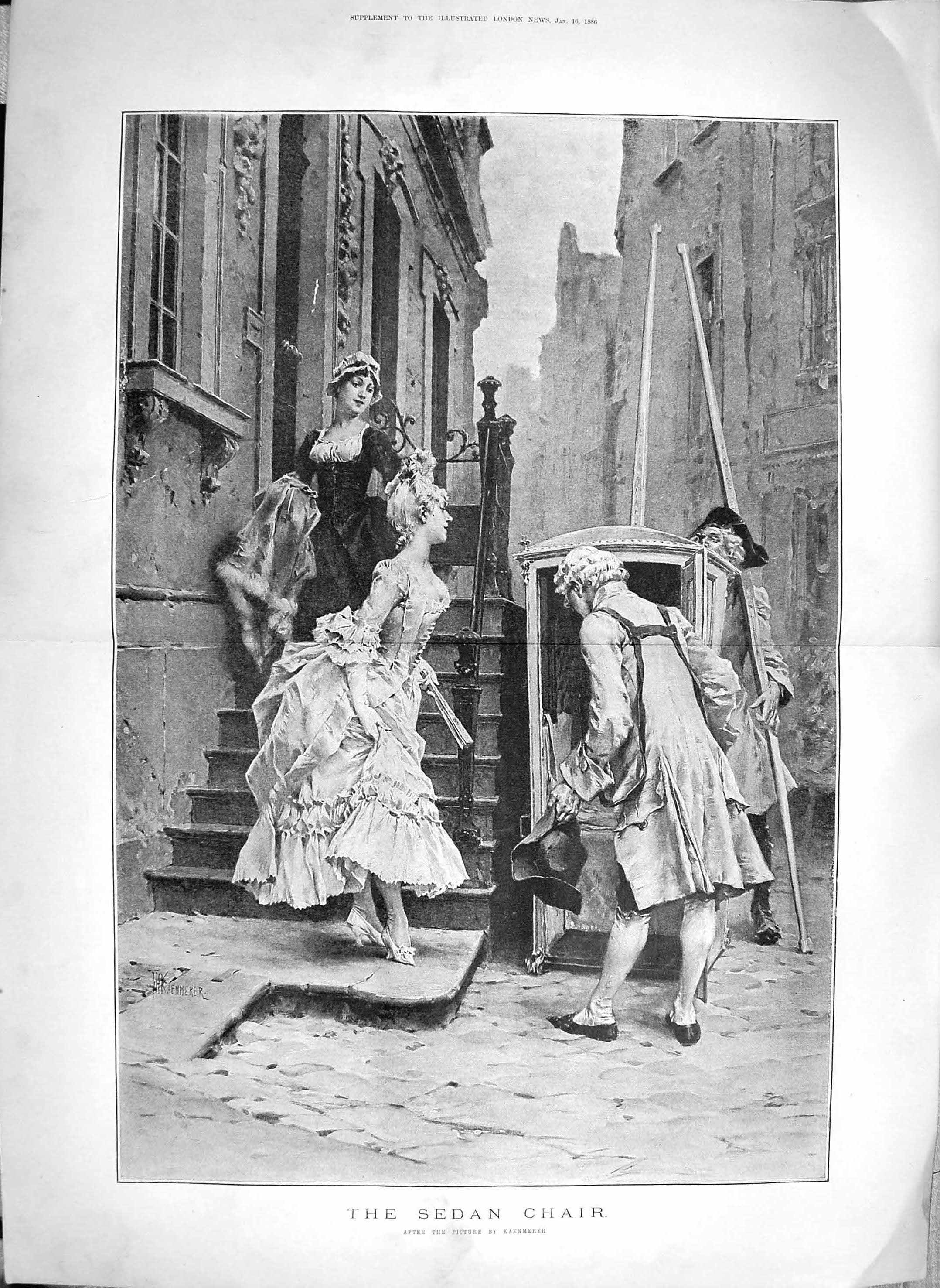 Original Old Antique Print 1886 Sedan Chair Ladies Transport Kaenmerer 0 19th
