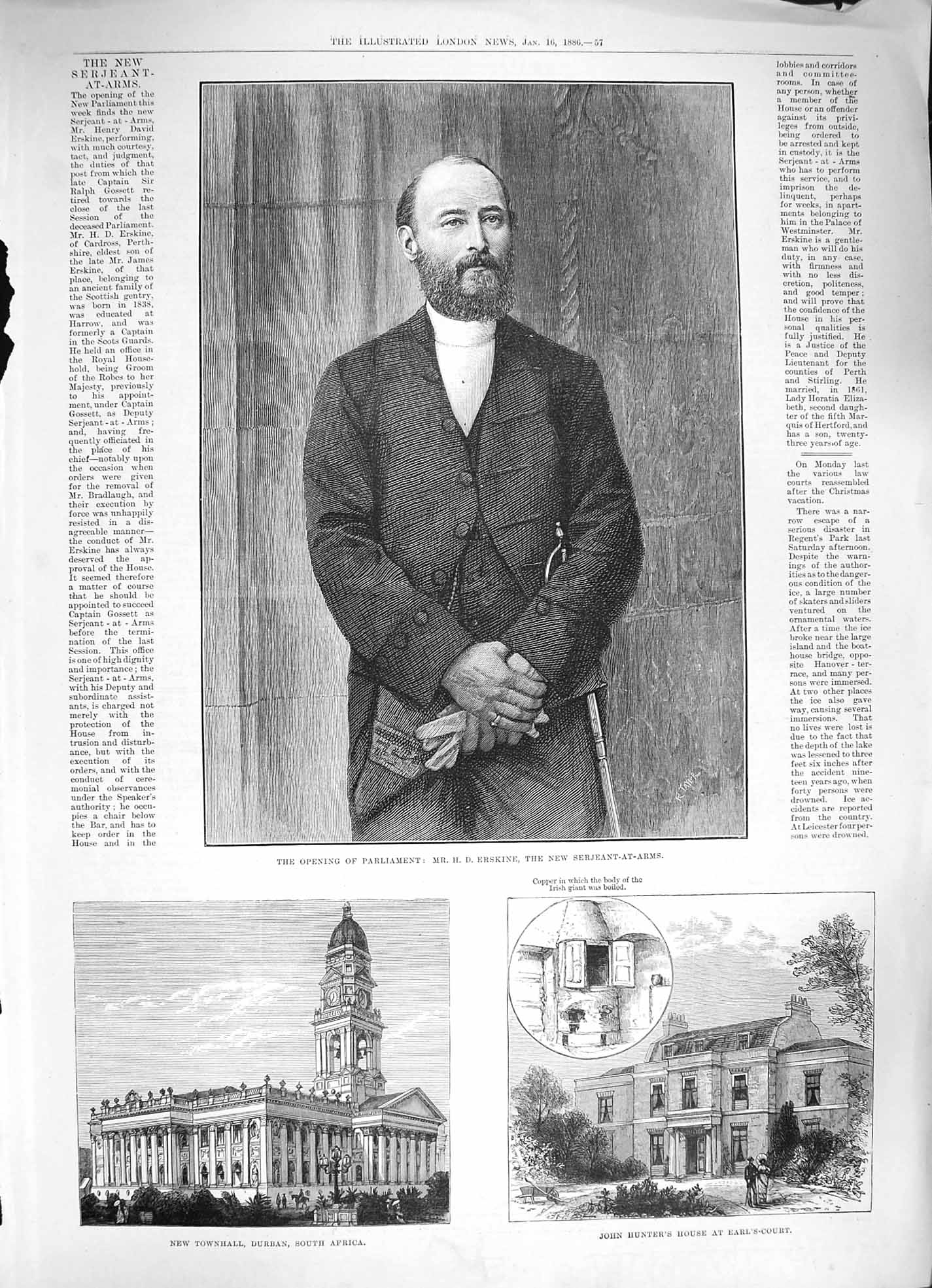 Old Antique Print 1886 Parliament Erskine Townhall Durban Africa Hunter 19th