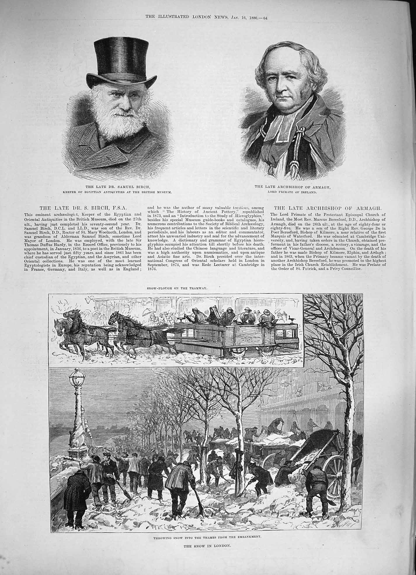 Original Old Antique Print 1886 Snow Tram London Samuel Birch Archbishop 19th