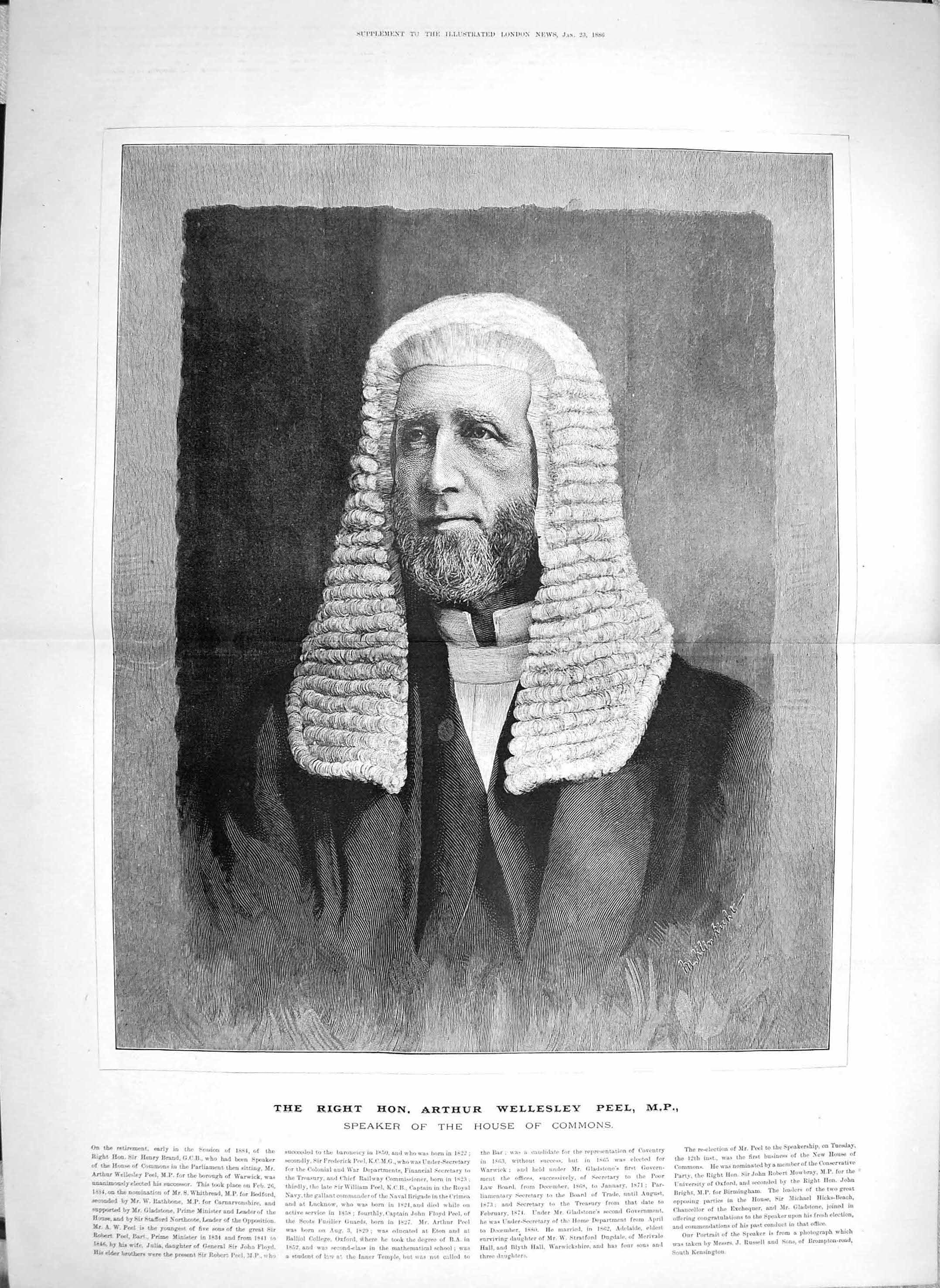 Original Old Antique Print 1886 Arthur Wellesley Peel Speaker House Commons 0