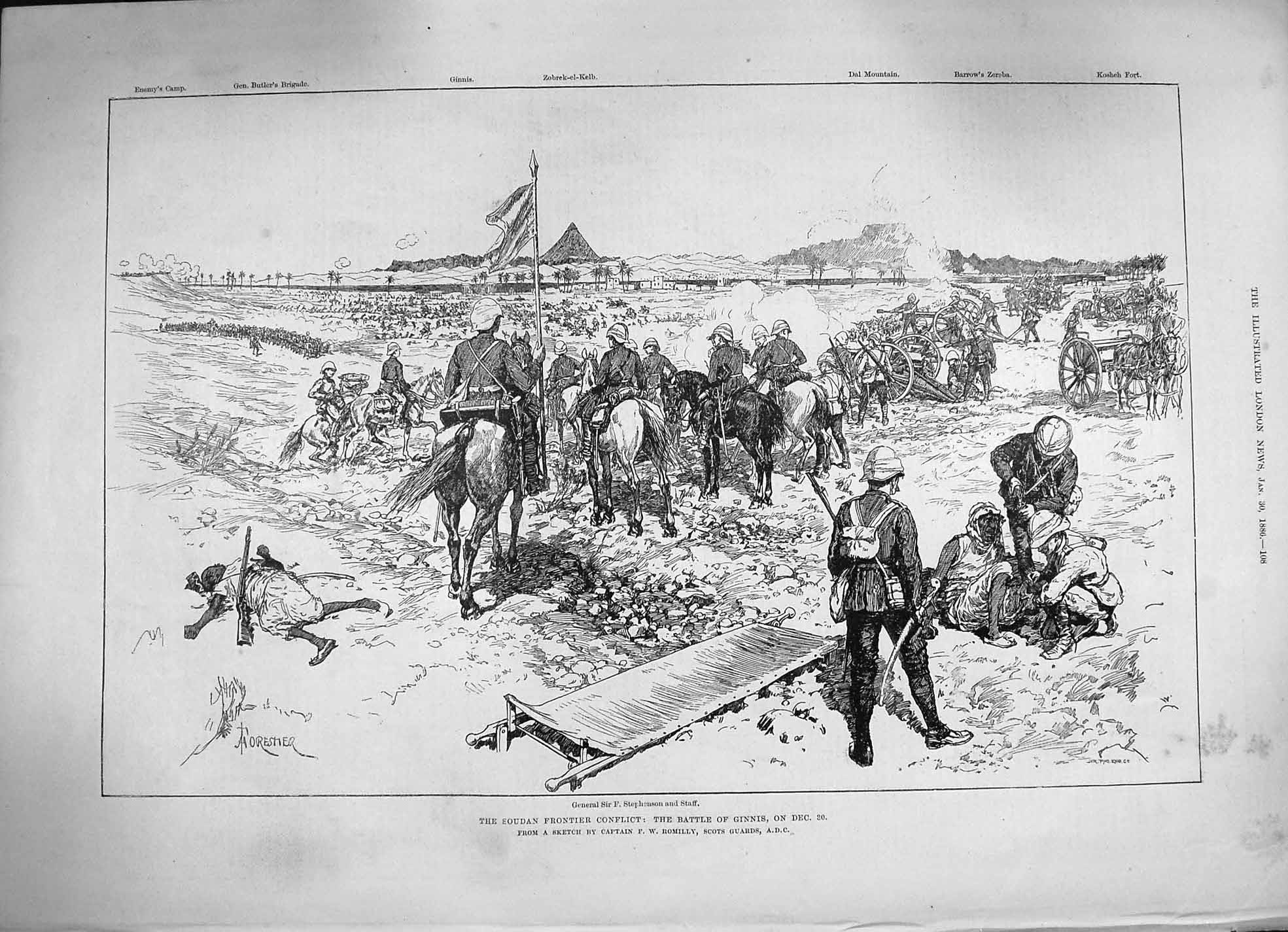 Original Old Antique Print 1886 Soudan Battle Ginnis Stephenson Siers War 19th