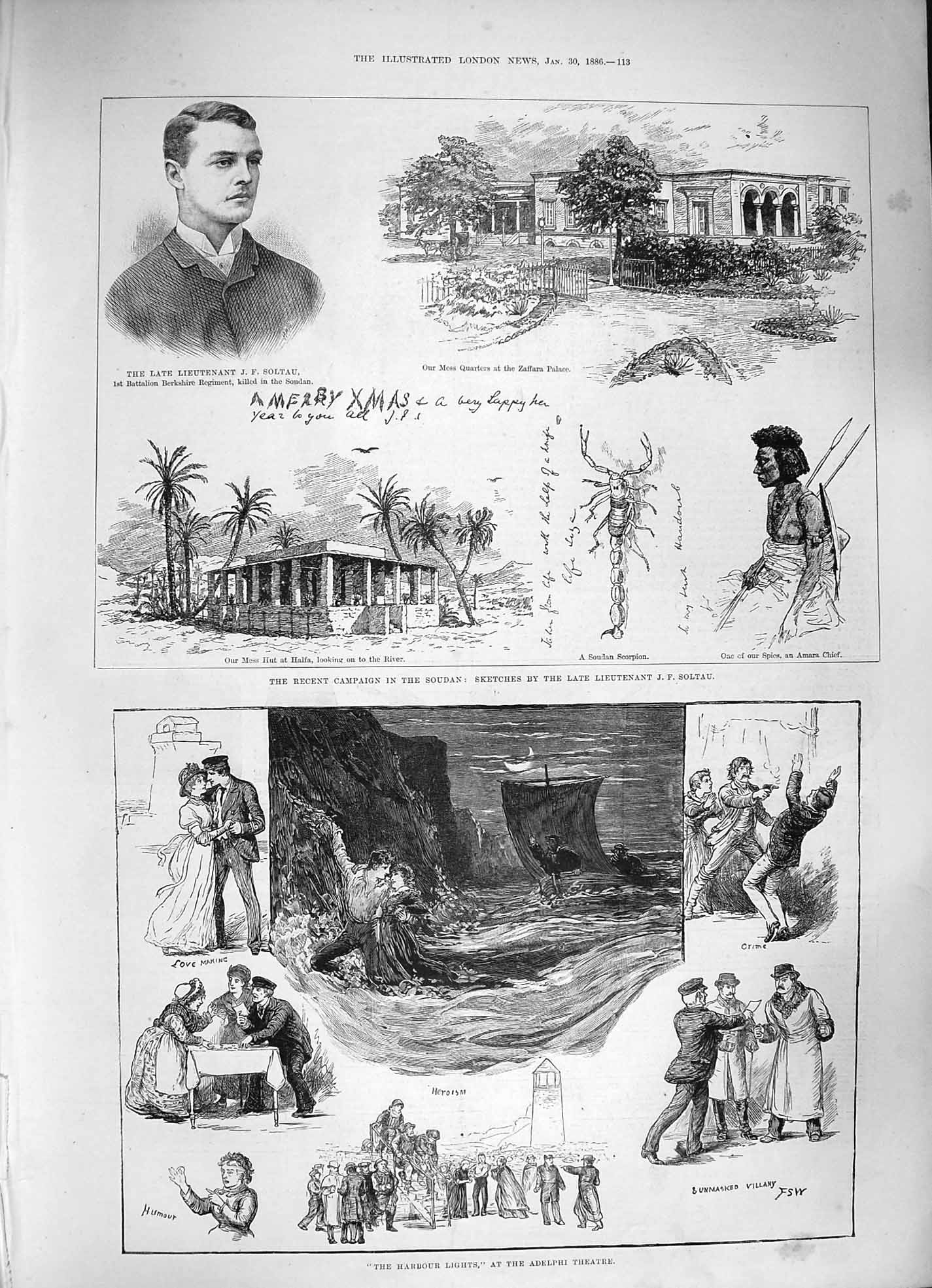 Old Antique Print 1886 Harbour Lights Adelphi Theatre Soudan Soltau Amara 19th