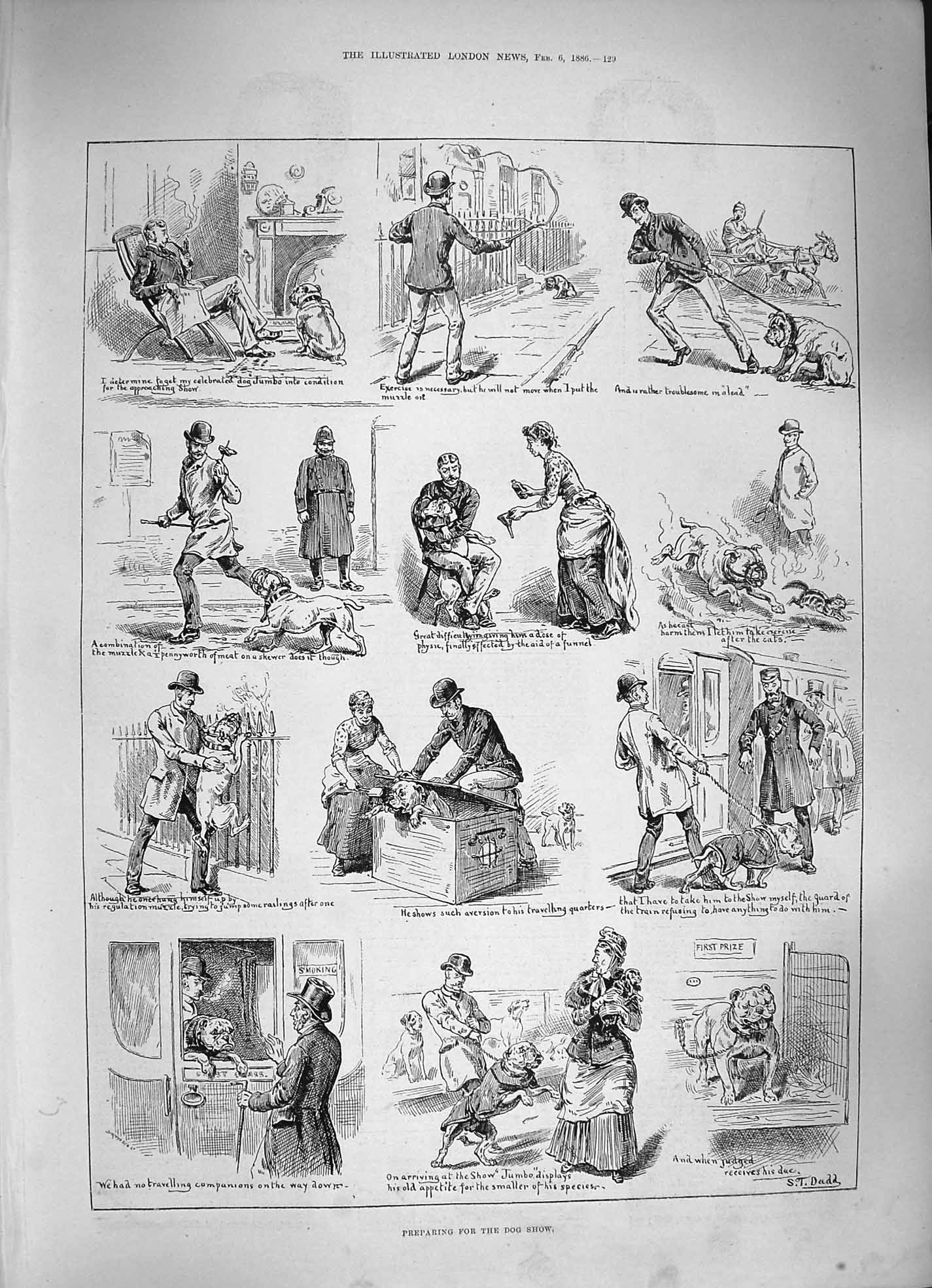 Original Old Antique Print 1886 Preparations Dog Show Transport Train Animals