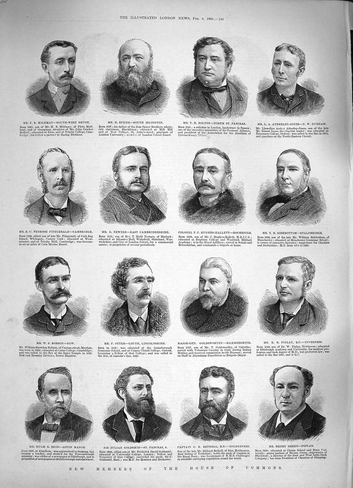 Old Antique Print 1886 House Commons Mildmay Newnes Otter Bethell Robson 19th